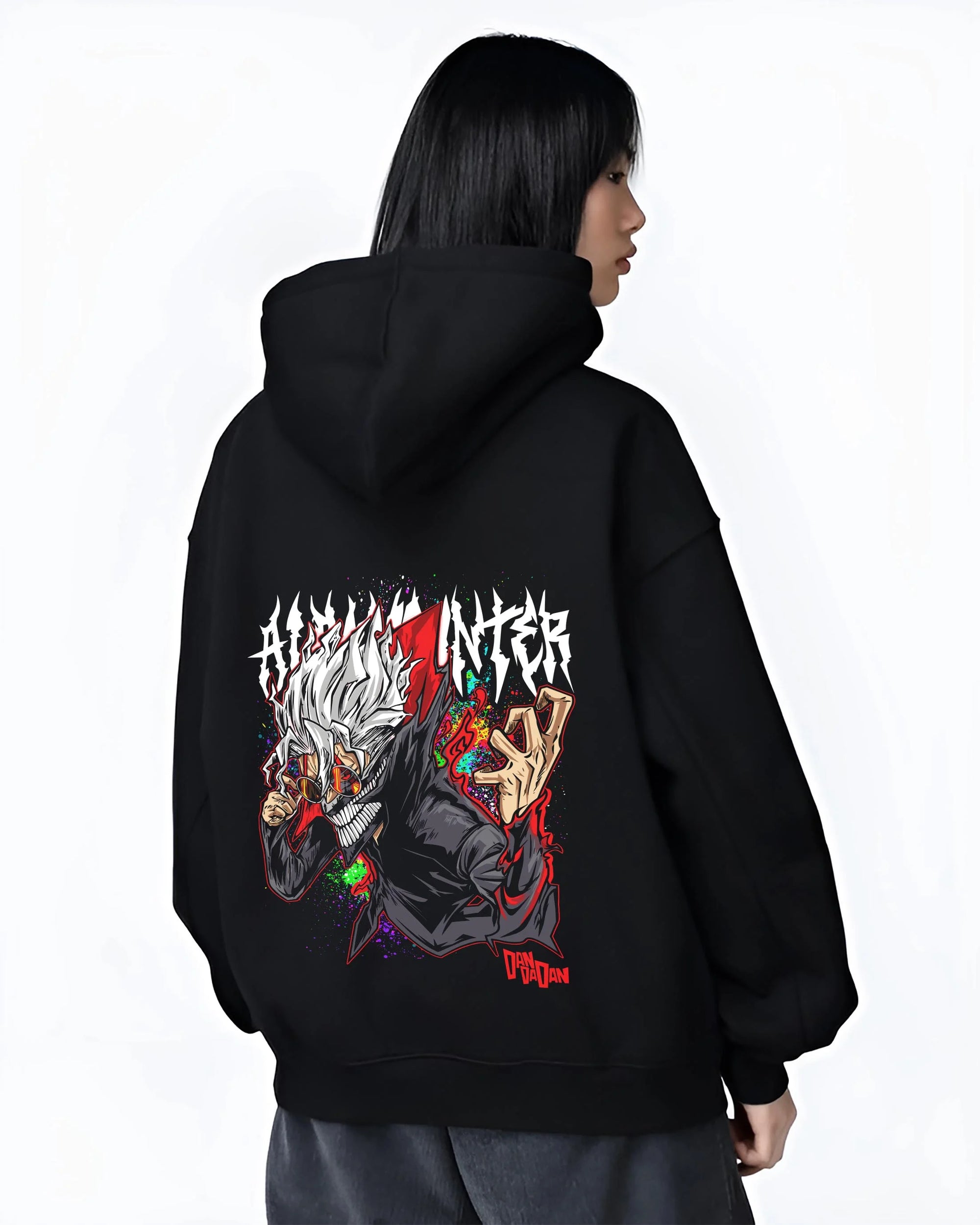 Black hoodie worn by female model, back view with Evil Spirit Hoodie Dandadan Horror Monster Scene graphic premium wear.