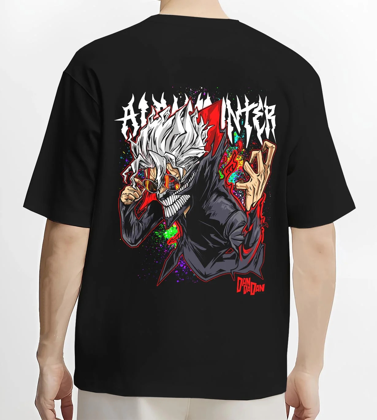 Black T-shirt worn by male model, back view with Evil Spirit Hoodie Dandadan Horror Monster Scene graphic premium wear.