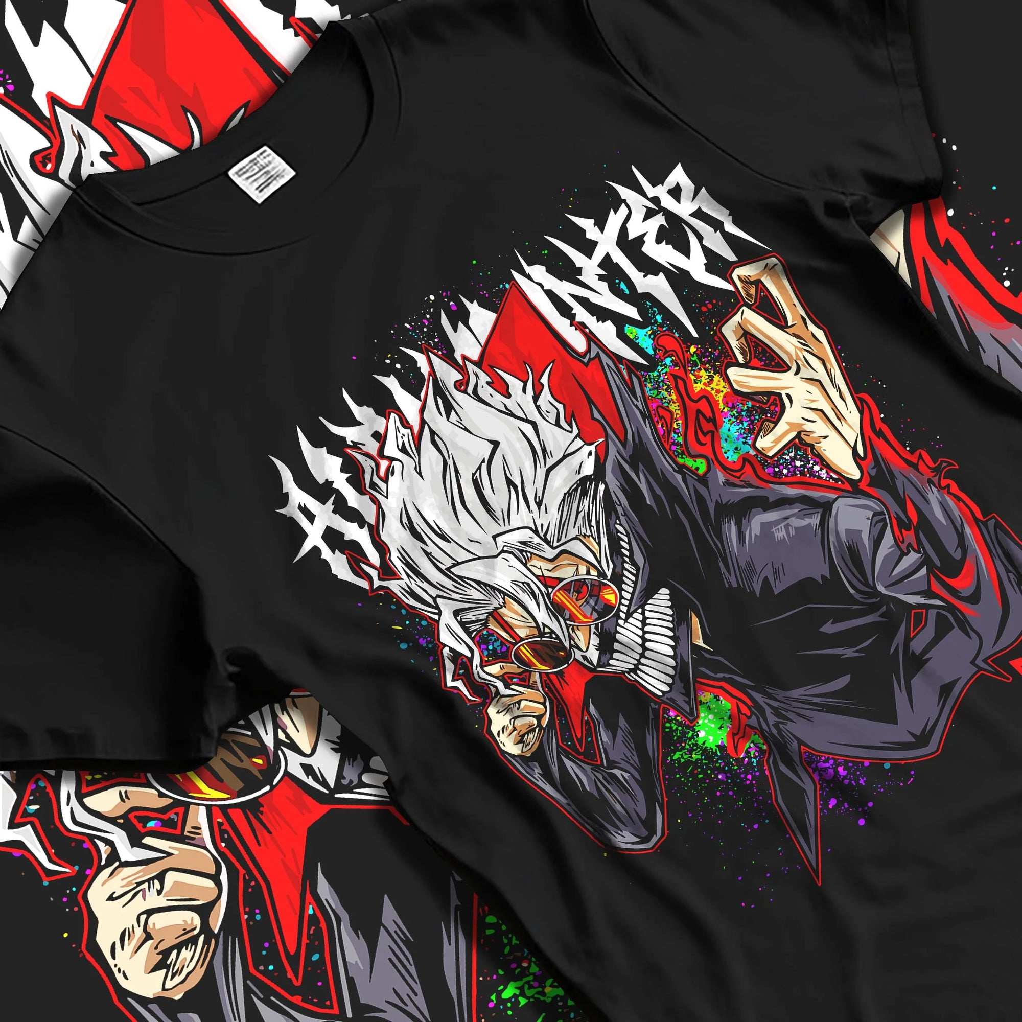 Black T-shirt laid flat with natural folds with Evil Spirit Hoodie Dandadan Horror Monster Scene graphic streetwear graphic.