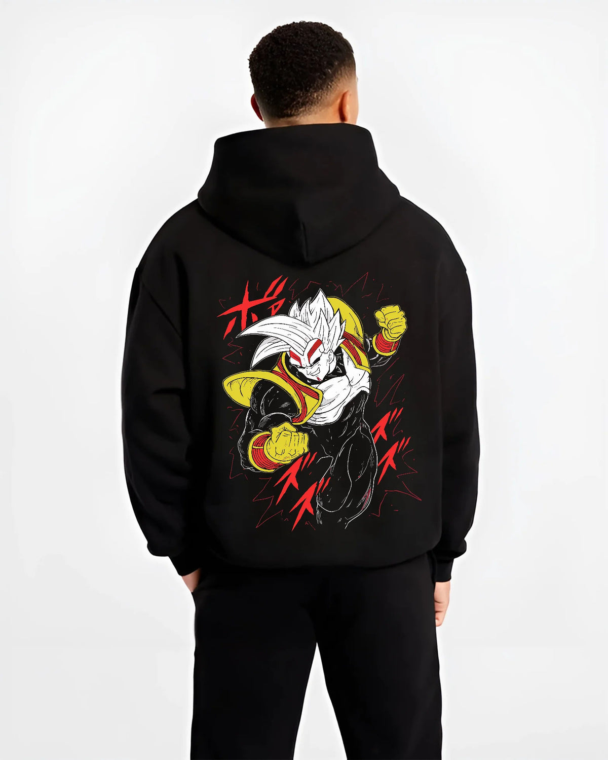 Black hoodie model back view with Super Baby 2 (Baby Vegeta form) from Dragon Ball illustrated back graphic