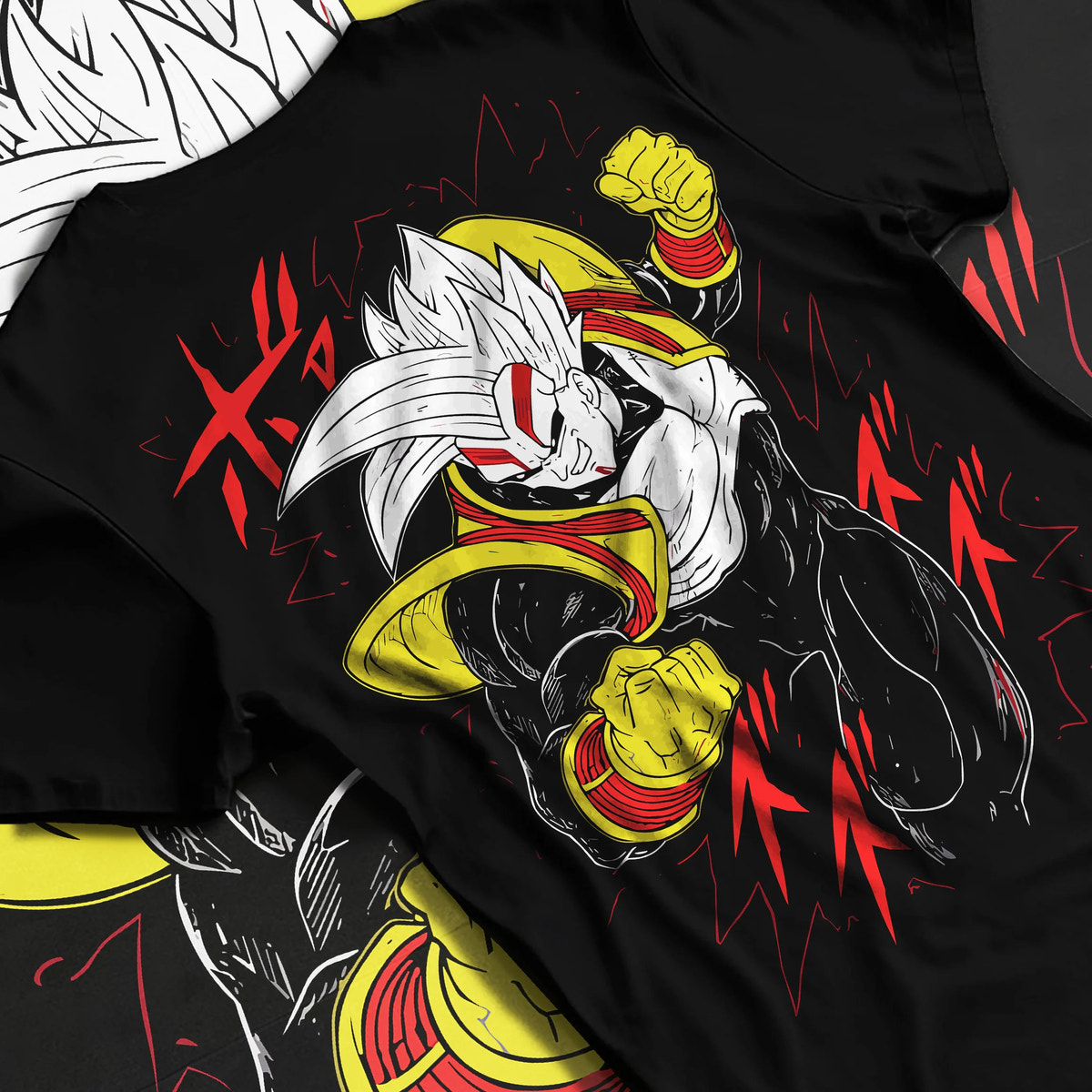 Black T-shirt flat back view with Super Baby 2 (Baby Vegeta form) from Dragon Ball illustrated back graphic