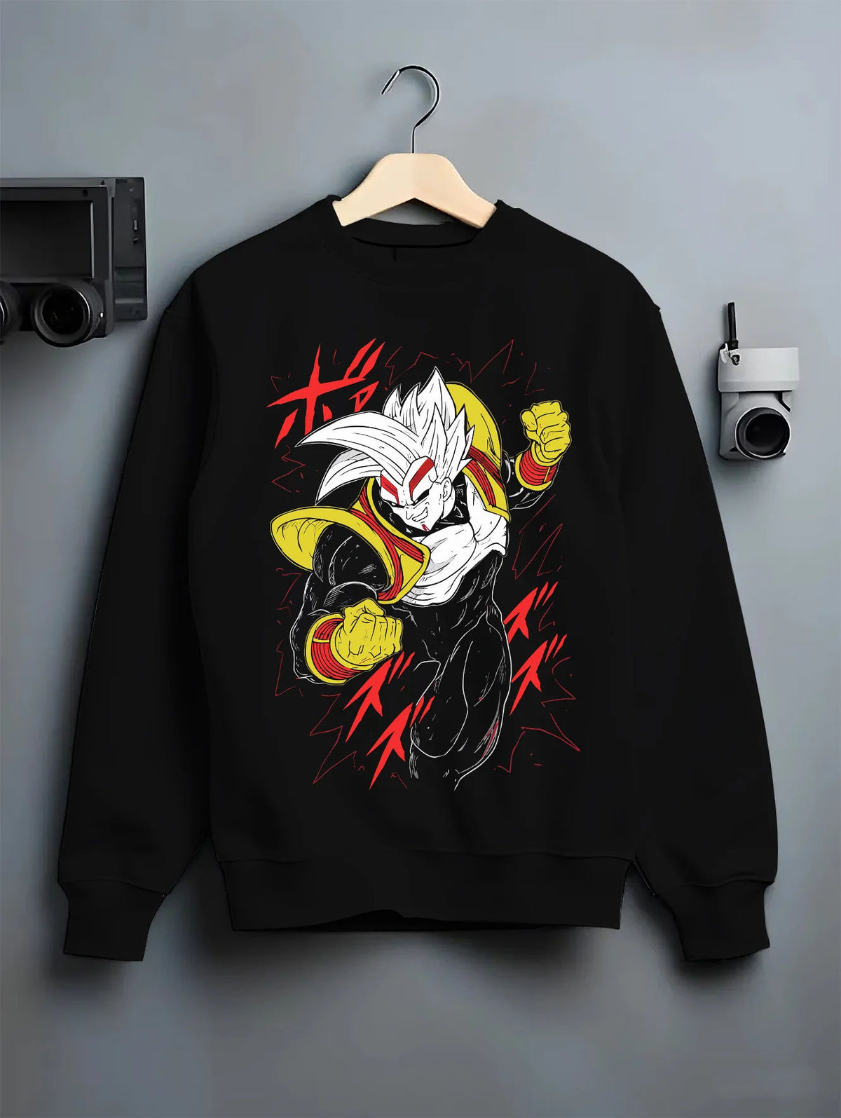 Black crewneck sweatshirt on hanger with Super Baby 2 (Baby Vegeta form) from Dragon Ball illustrated back graphic
