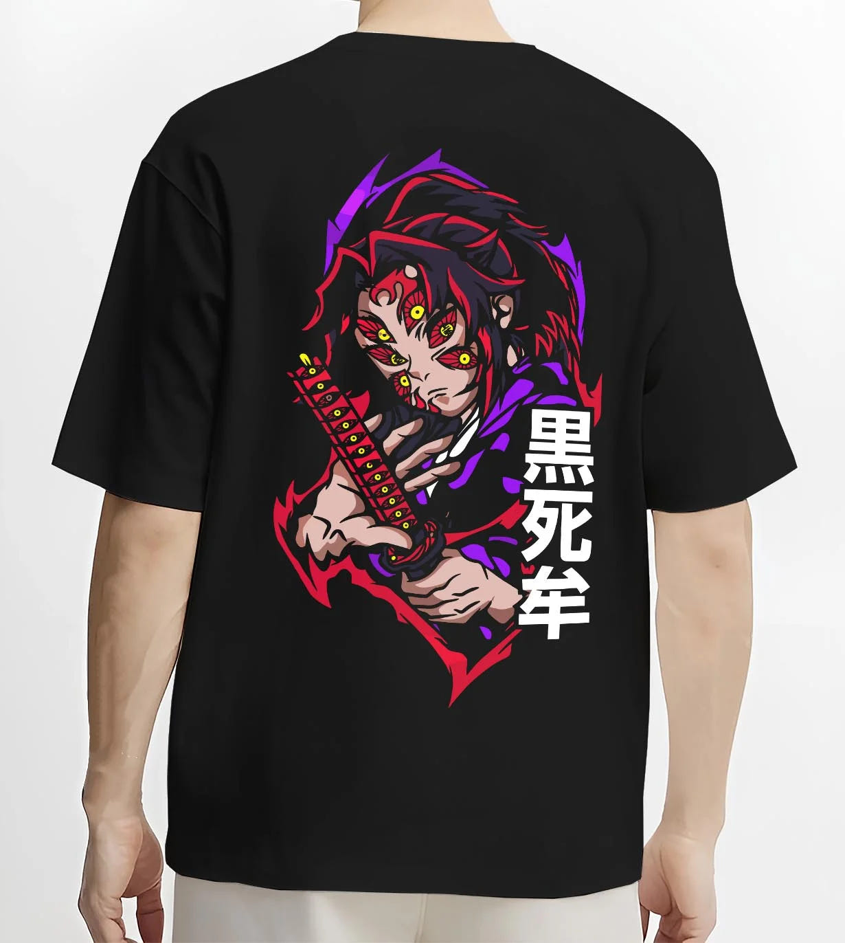 Black T-shirt worn by male model, back view with Kokushibo Hoodie Demon Slayer Moon Breathing Form graphic bold anime graphic.