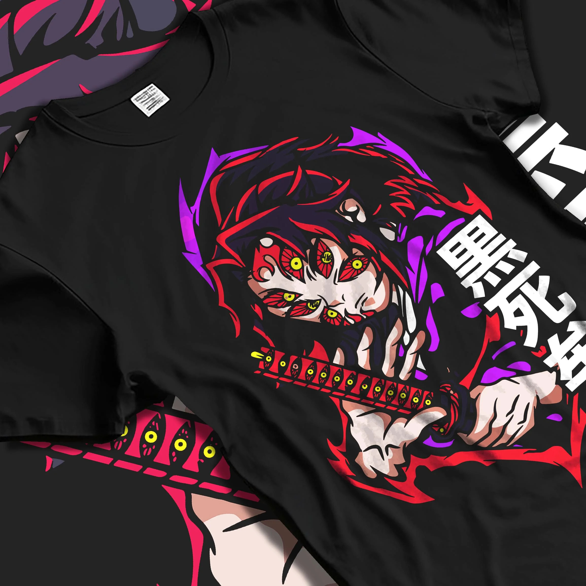 Black T-shirt laid flat with natural folds with Kokushibo Hoodie Demon Slayer Moon Breathing Form graphic premium wear.