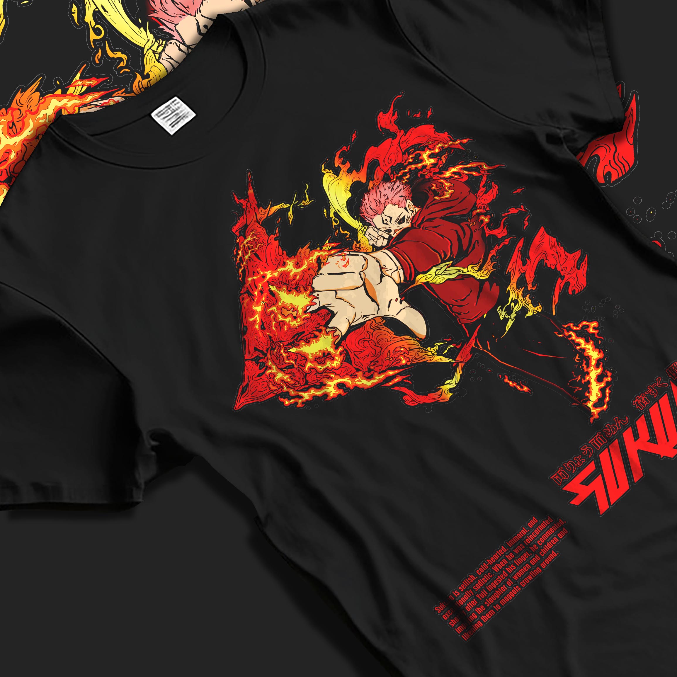 Black T-shirt laid flat with natural fabric folds, featuring Sukuna from Jujutsu Kaisen anime poster inspired artwork with fiery cursed energy and bold manga illustration.