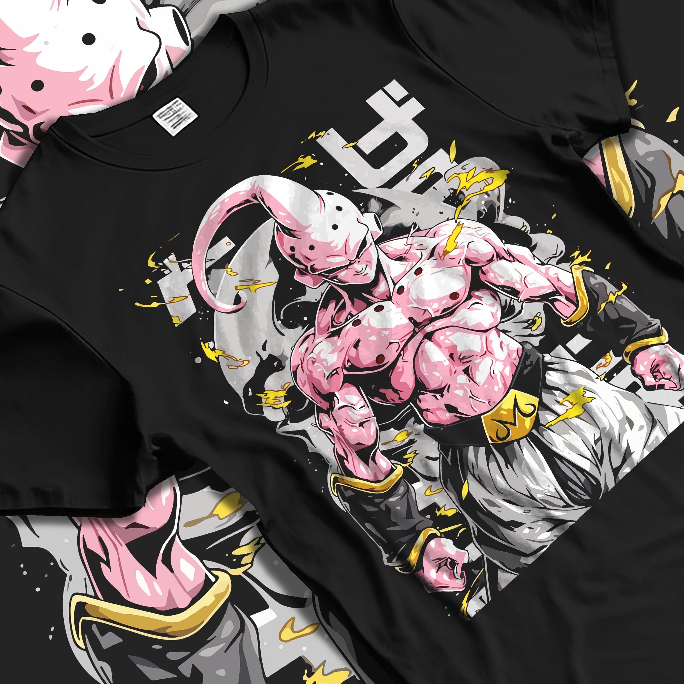 Black T-shirt laid flat with natural fabric folds, featuring Dragon Ball Majin Buu shonen battle character artwork in anime poster inspired design with bold retro manga vibe.
