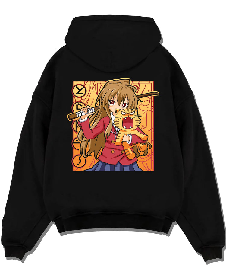 Black pullover hoodie laid flat with Taiga Hoodie Toradora Anime Tiger Romantic Comedy graphic bold anime graphic.