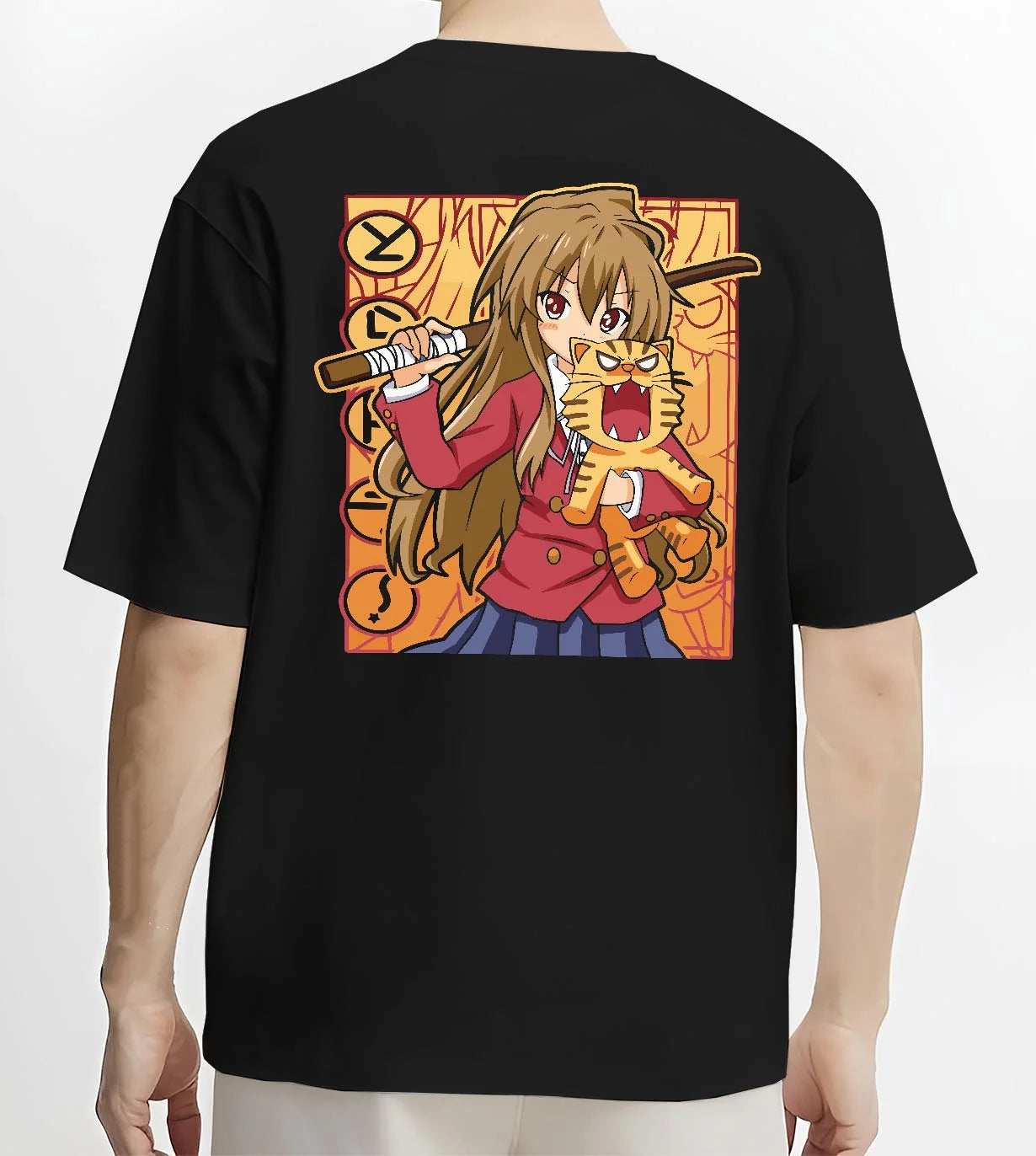 Black T-shirt worn by male model, back view with Taiga Hoodie Toradora Anime Tiger Romantic Comedy graphic streetwear graphic.