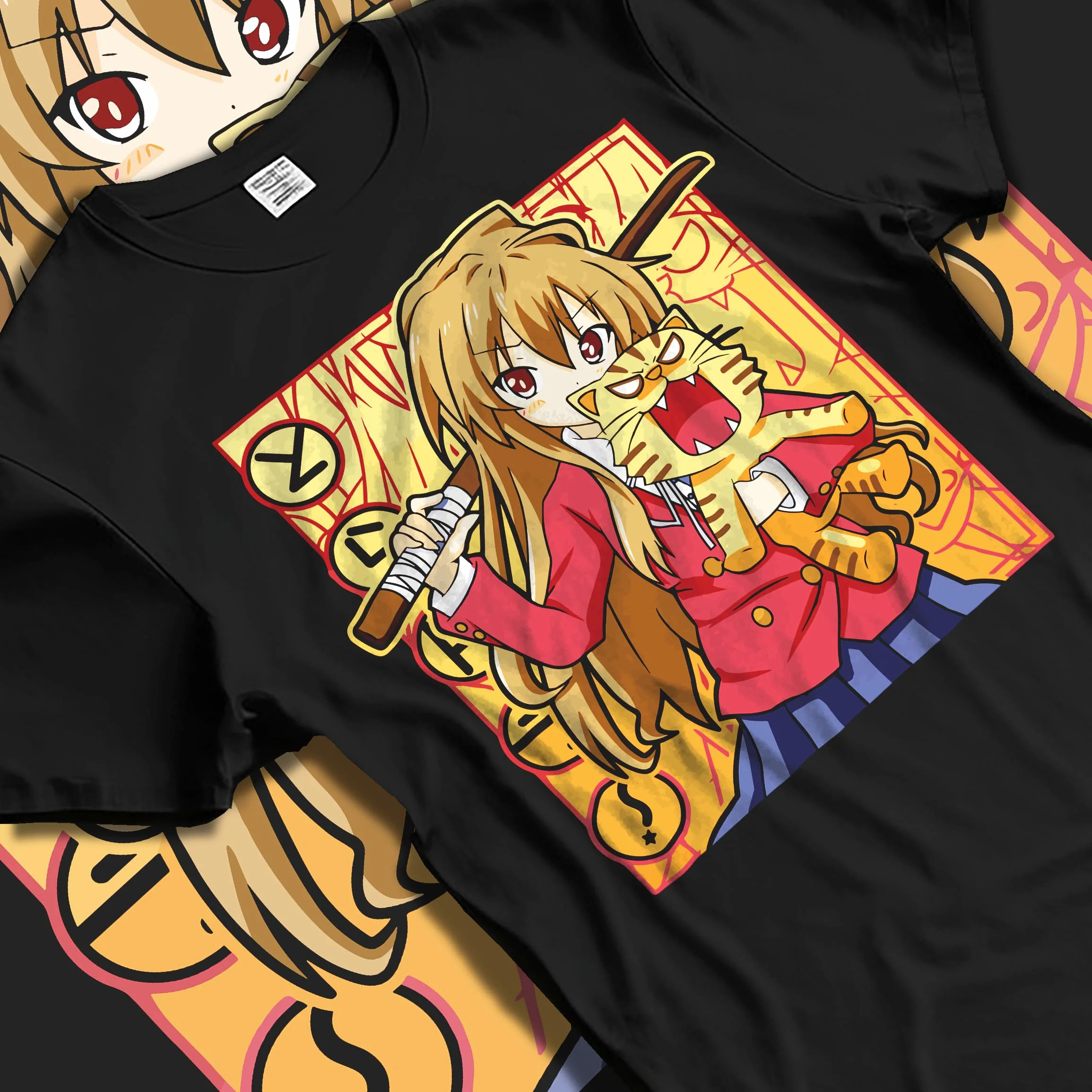 Black T-shirt laid flat with natural folds with Taiga Hoodie Toradora Anime Tiger Romantic Comedy graphic bold anime graphic.