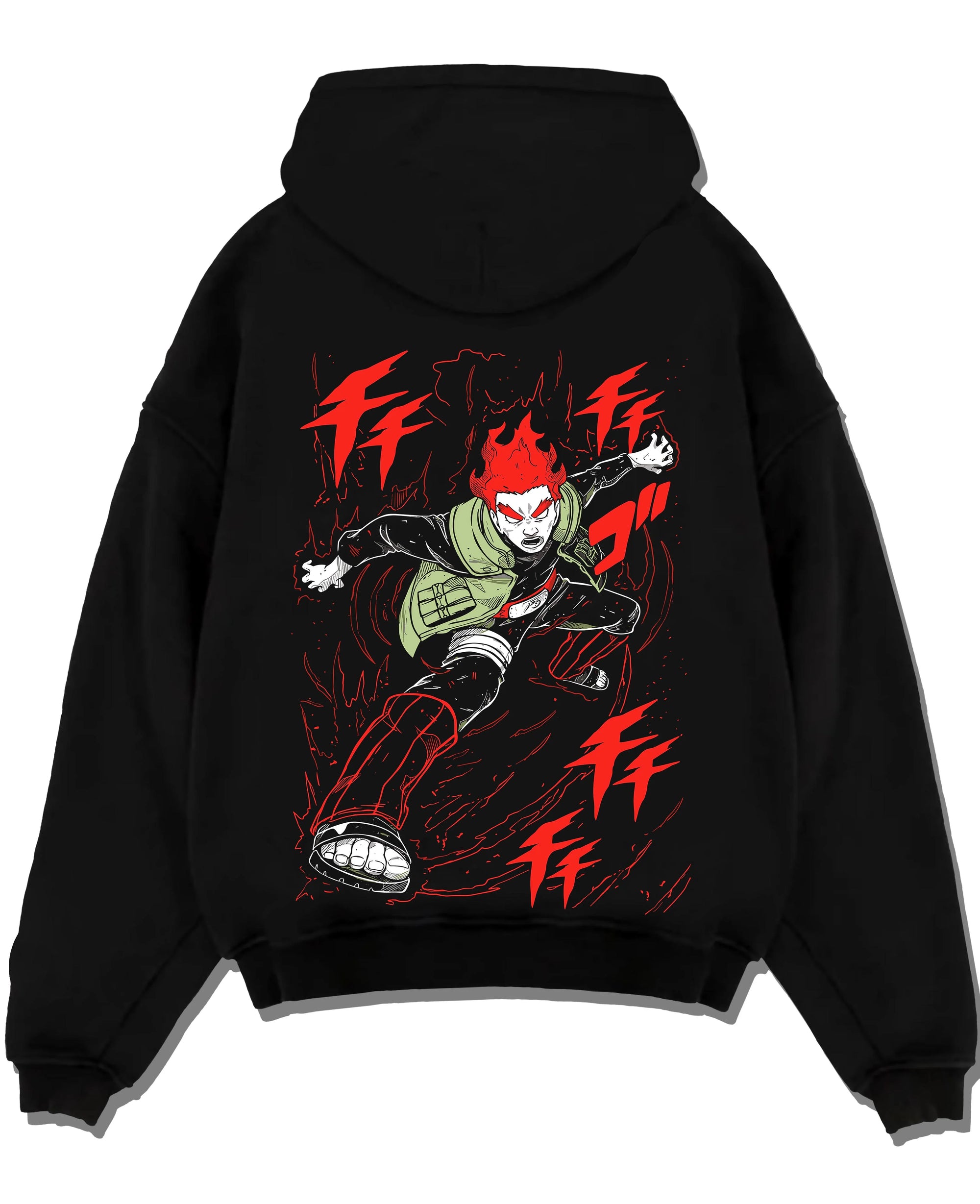 Black pullover hoodie laid flat with Might Guy Hoodie Naruto Dynamic Entry Flames graphic bold anime graphic.