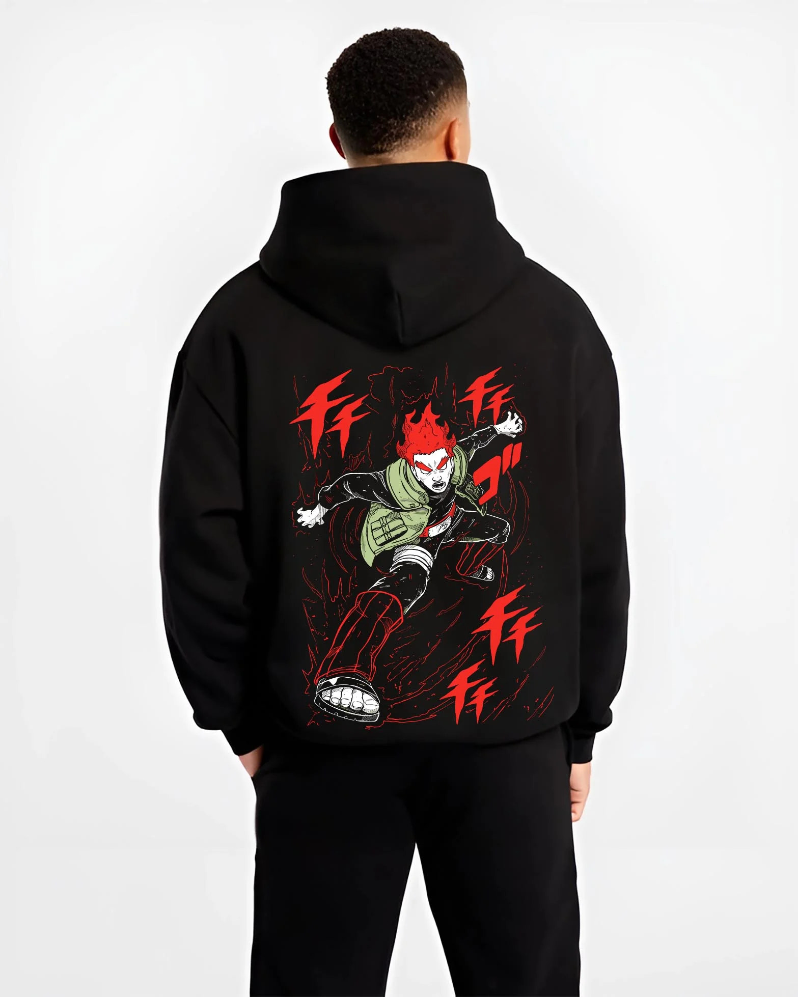 Black hoodie worn by male model, back view with Might Guy Hoodie Naruto Dynamic Entry Flames graphic premium wear.