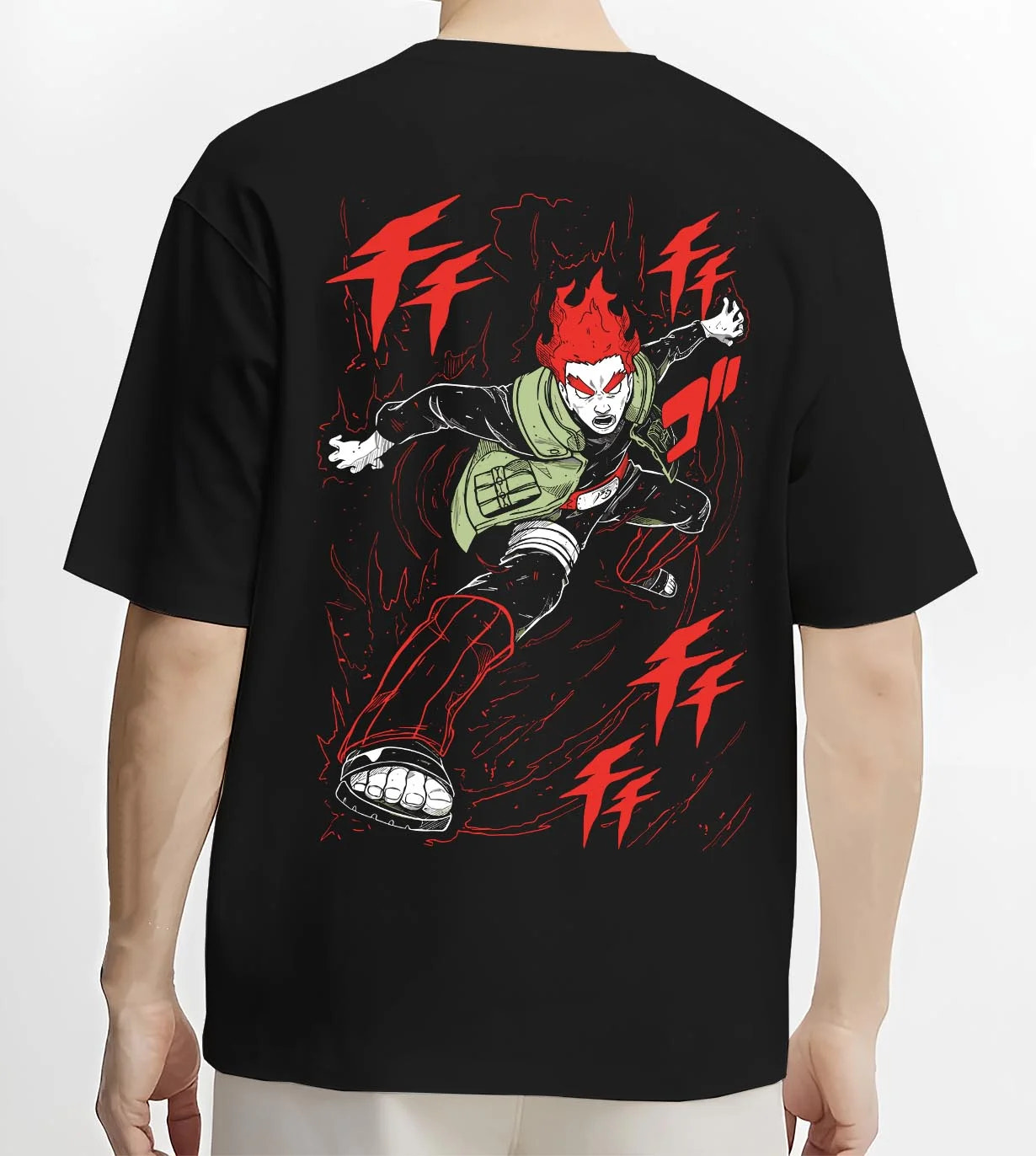 Black T-shirt worn by male model, back view with Might Guy Hoodie Naruto Dynamic Entry Flames graphic streetwear graphic.