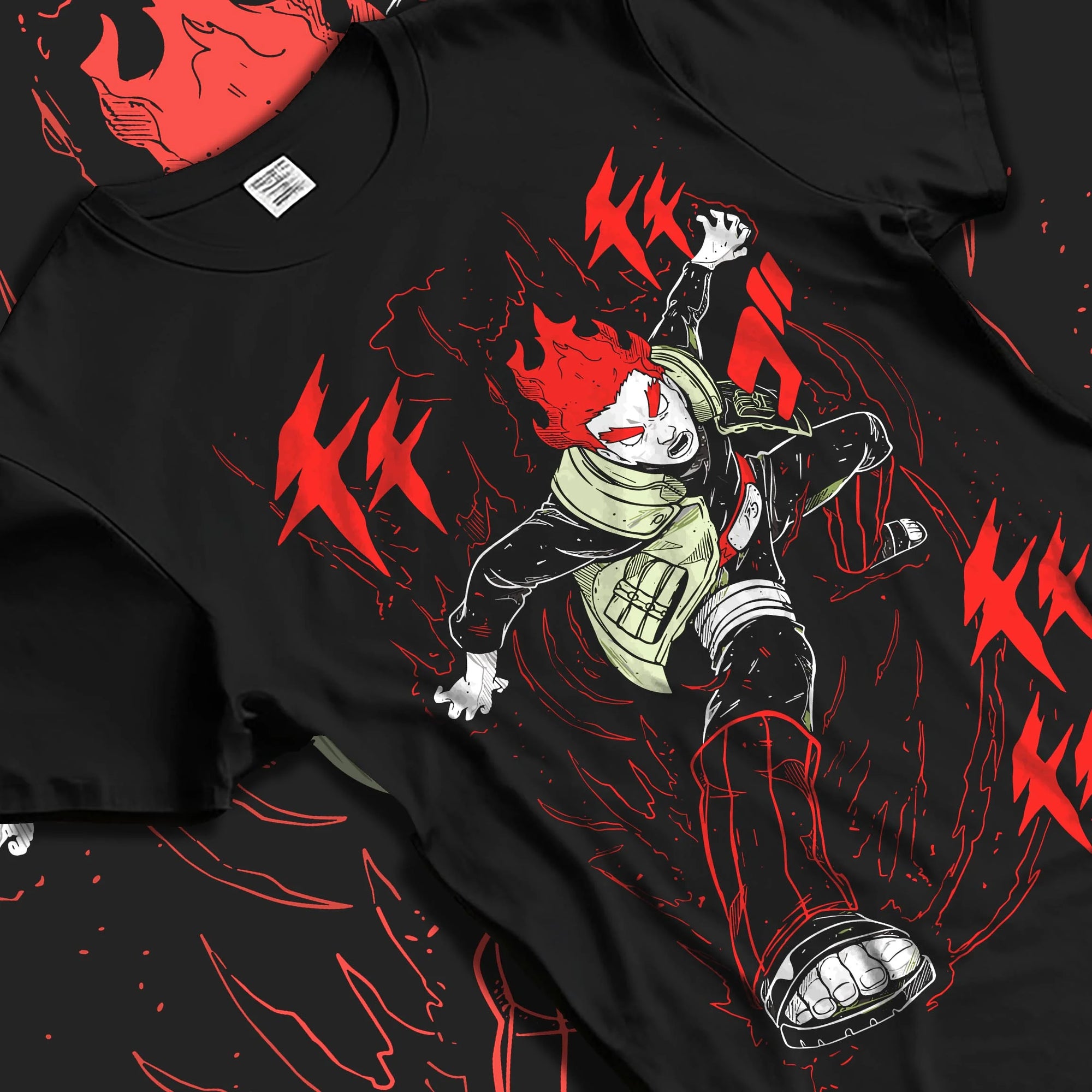 Black T-shirt laid flat with natural folds with Might Guy Hoodie Naruto Dynamic Entry Flames graphic bold anime graphic.