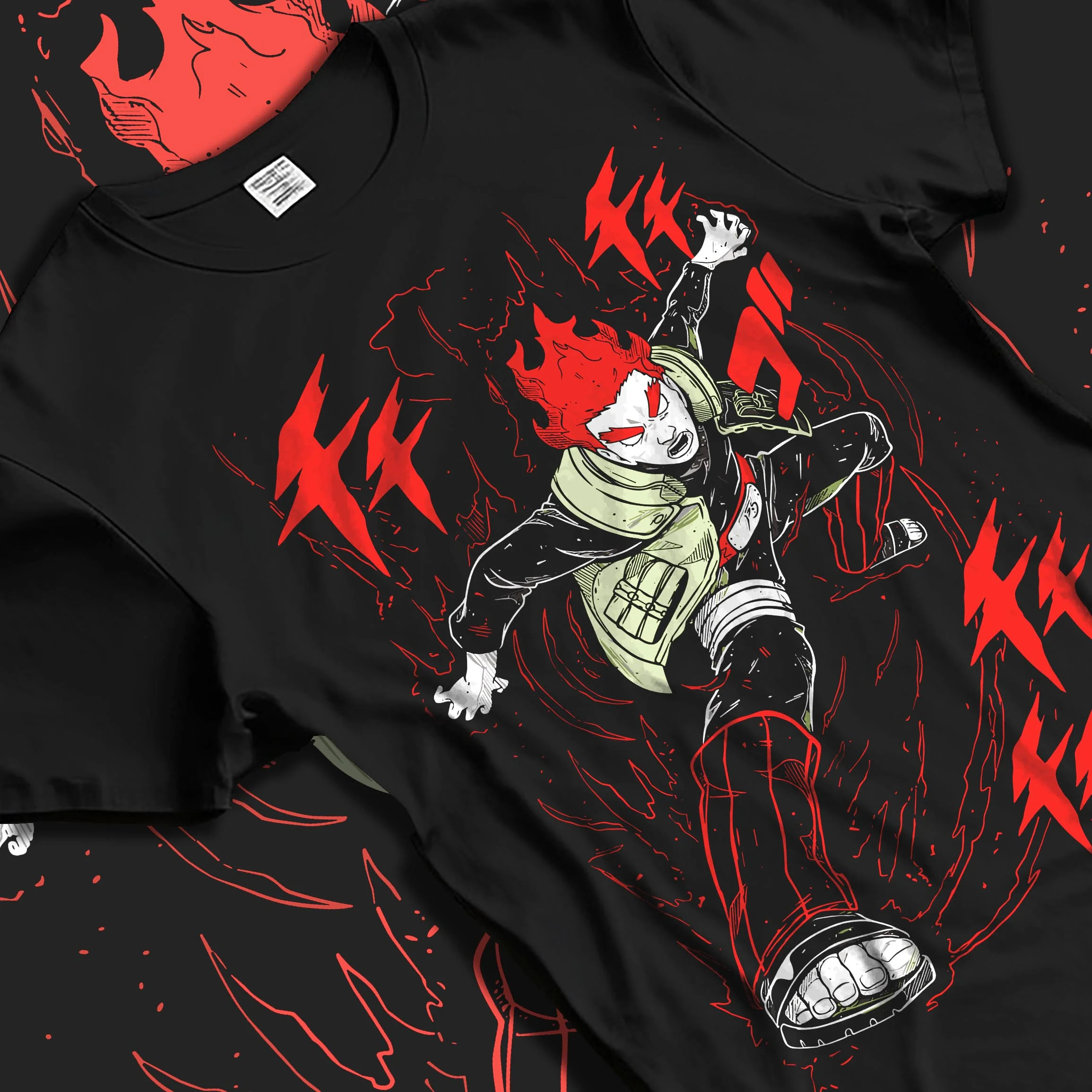 Black T-shirt laid flat with natural folds with Might Guy Hoodie Naruto Dynamic Entry Flames graphic bold anime graphic.