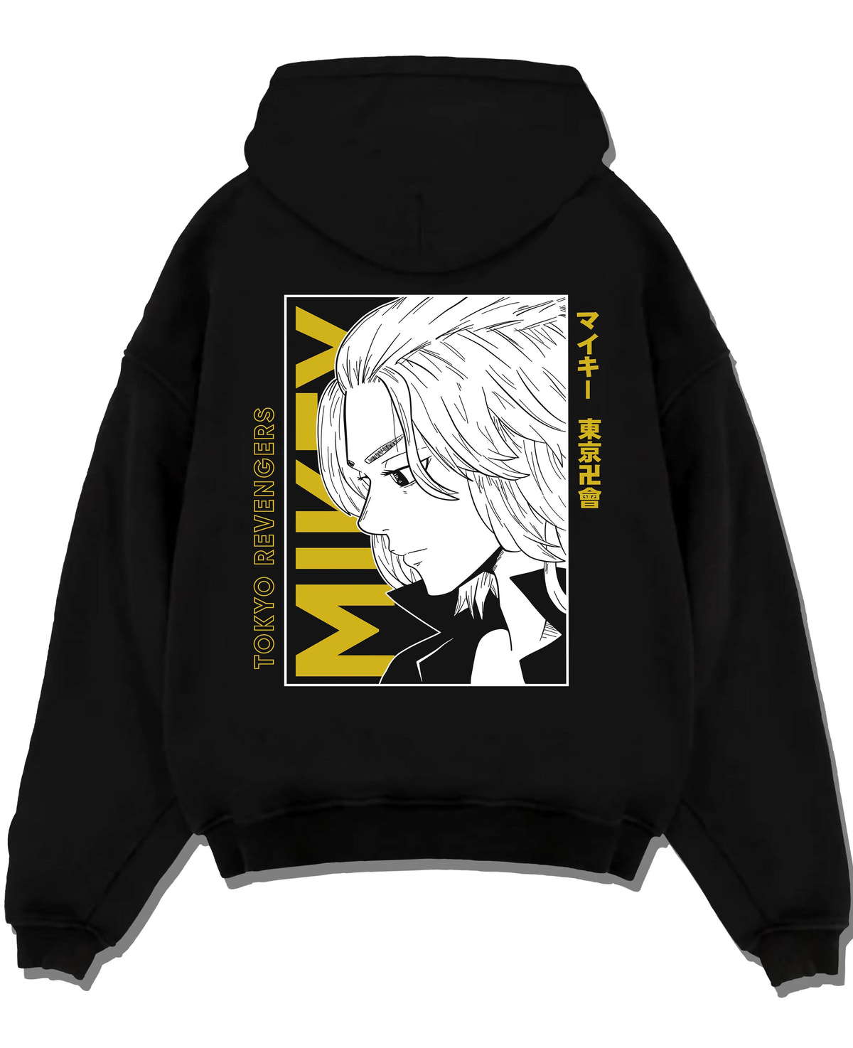 Black hoodie laid flat featuring Manjiro Sano Mikey Toman leader Tokyo Revengers artwork.