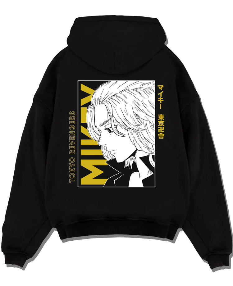 Black hoodie laid flat featuring Manjiro Sano Mikey Toman leader Tokyo Revengers artwork.