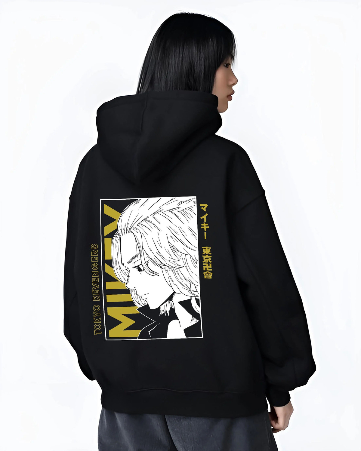 Black hoodie worn by female model from the back featuring Manjiro Sano Mikey Toman leader Tokyo Revengers artwork.