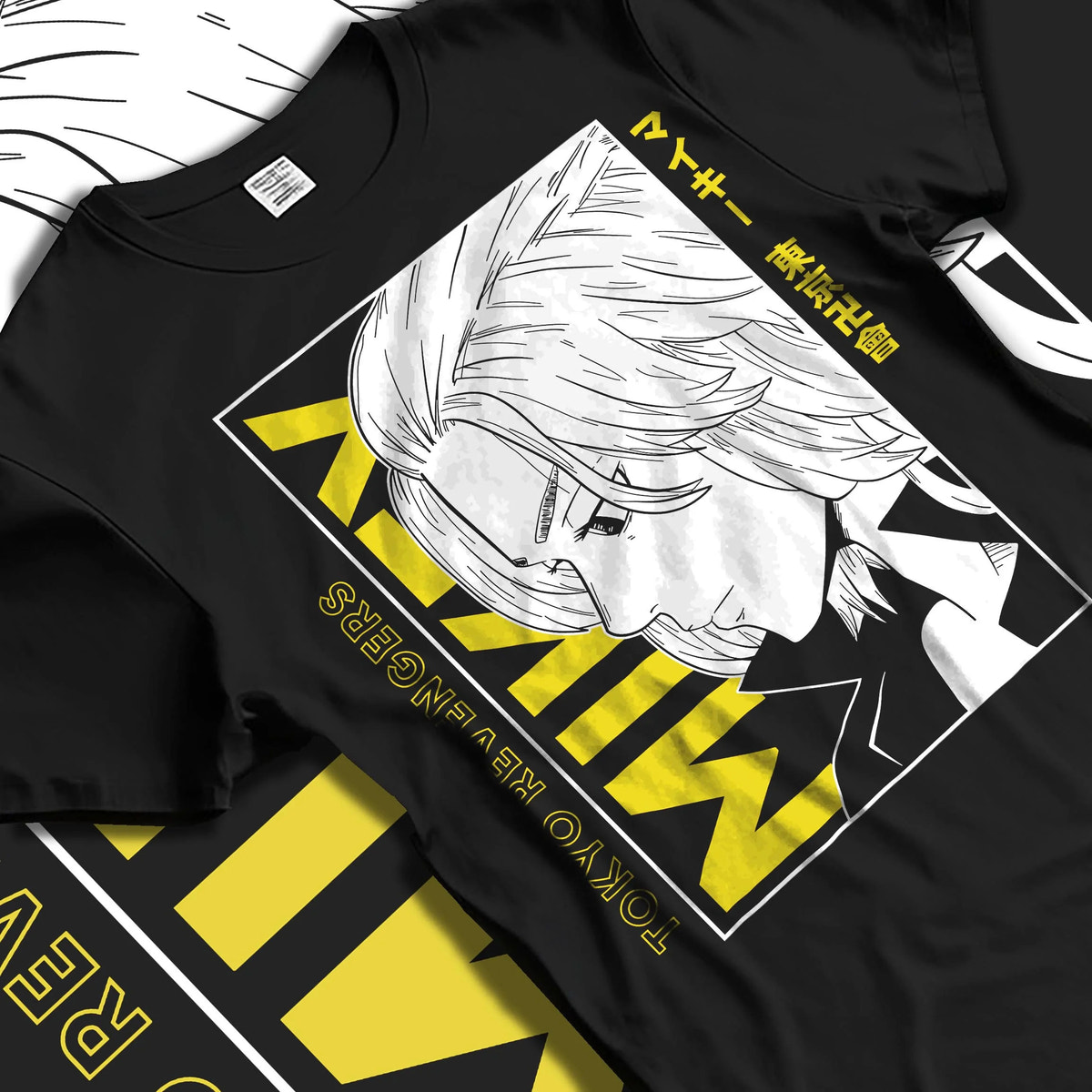 Black T-shirt laid flat with natural folds featuring Manjiro Sano Mikey Toman leader Tokyo Revengers artwork.