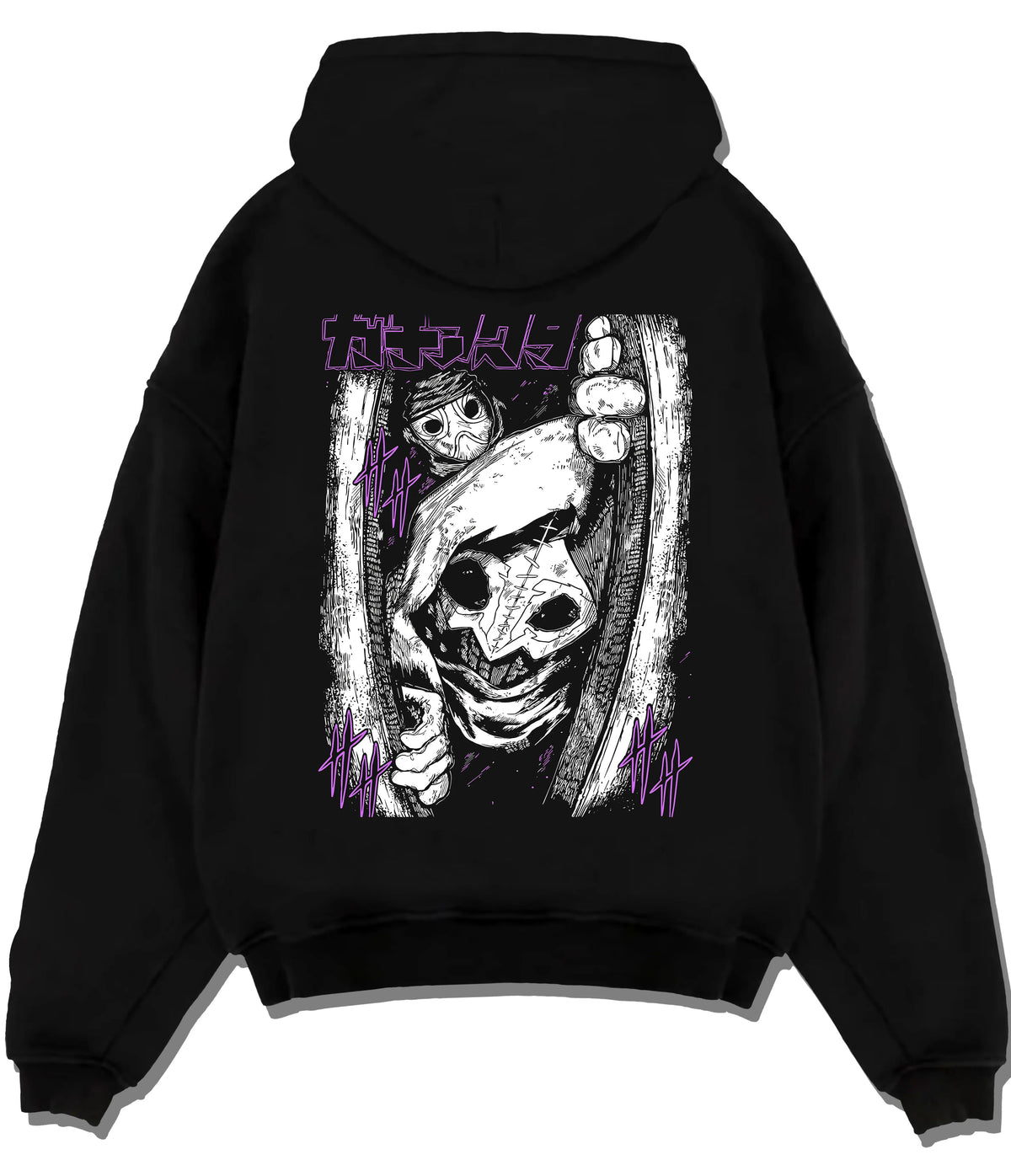 Black hoodie flat back view showing Tamsy from Gachiakuta: eerie close-up mask/pupil