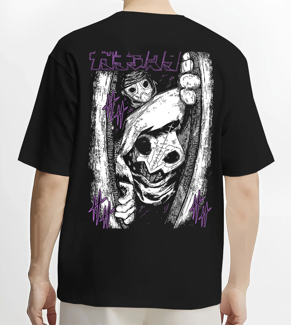 Black T-shirt model back view showing Tamsy from Gachiakuta: eerie close-up mask/pupil