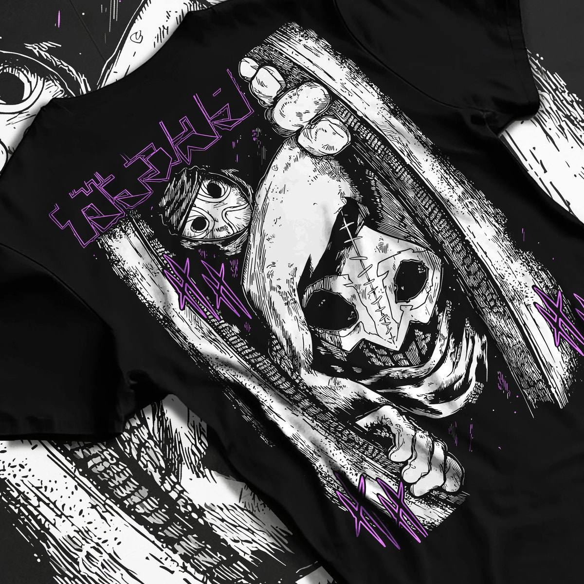 Black T-shirt flat back view showing Tamsy from Gachiakuta: eerie close-up mask/pupil