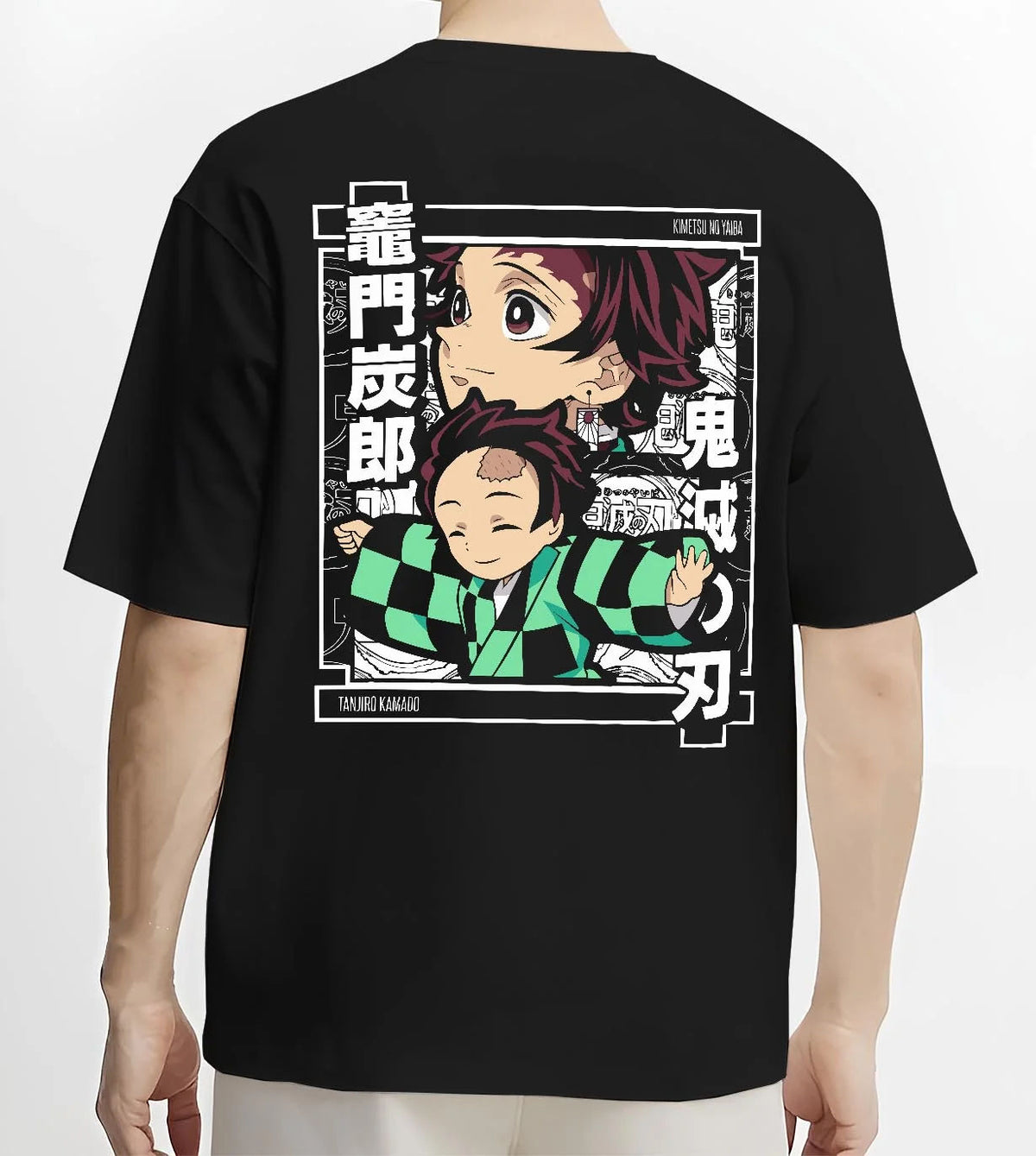 Black T-shirt worn by male model from the back featuring Tanjiro Kamado chibi family Demon Slayer artwork.