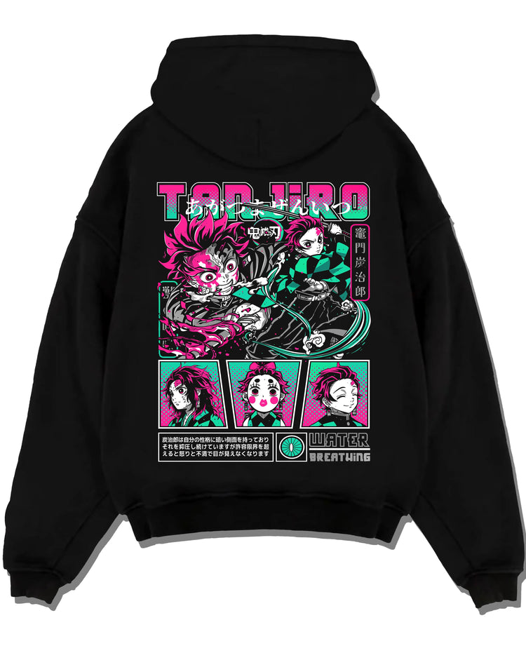 Black hoodie laid flat featuring Tanjiro Kamado Water Breathing sword Demon Slayer artwork.