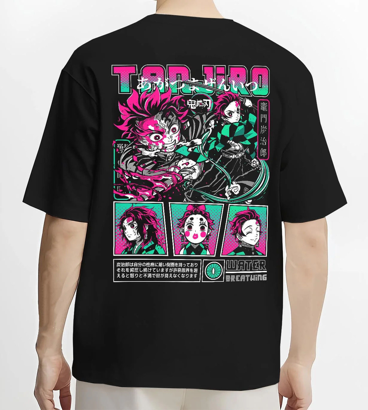 Black T-shirt worn by male model from the back featuring Tanjiro Kamado Water Breathing sword Demon Slayer artwork.