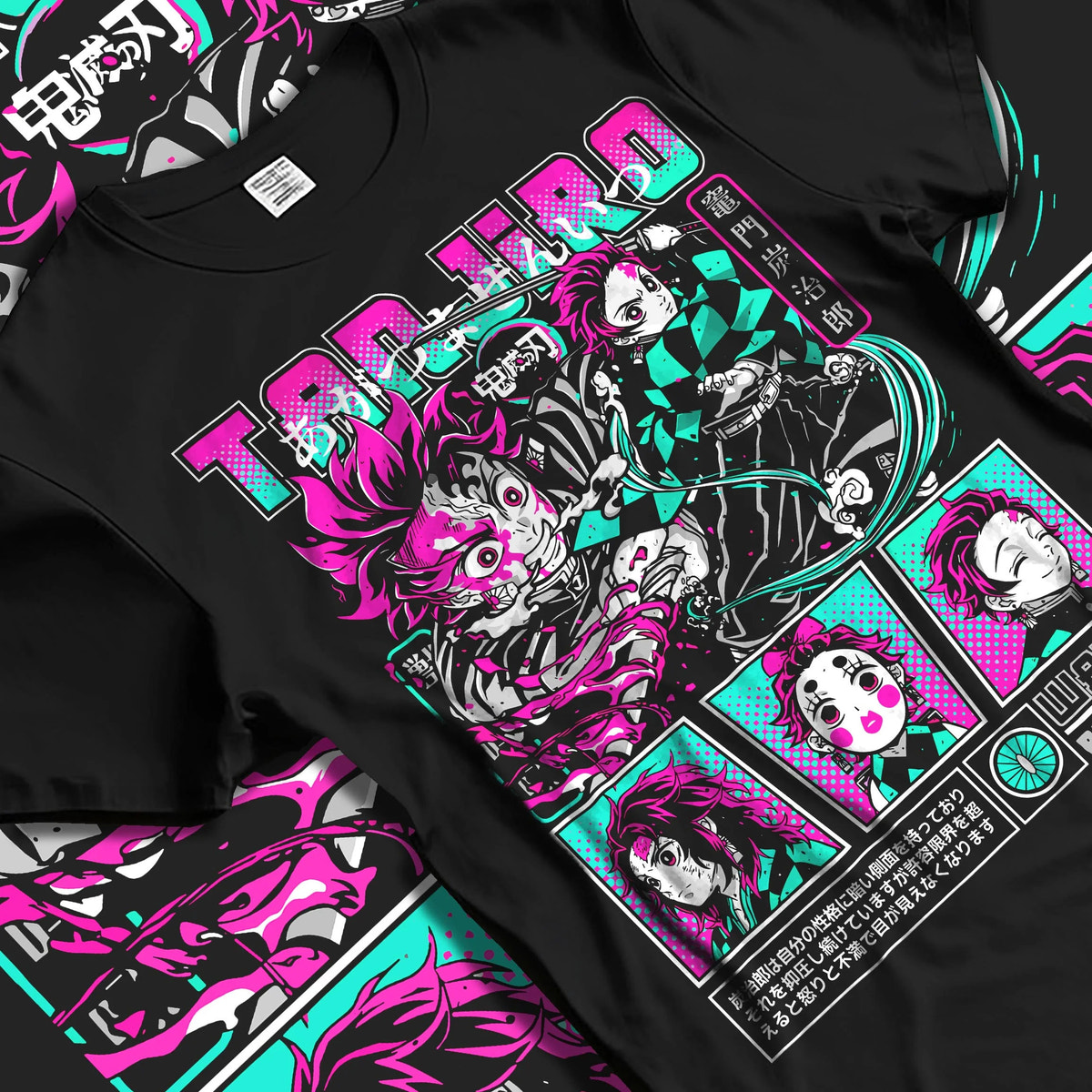 Black T-shirt laid flat with natural folds featuring Tanjiro Kamado Water Breathing sword Demon Slayer artwork.
