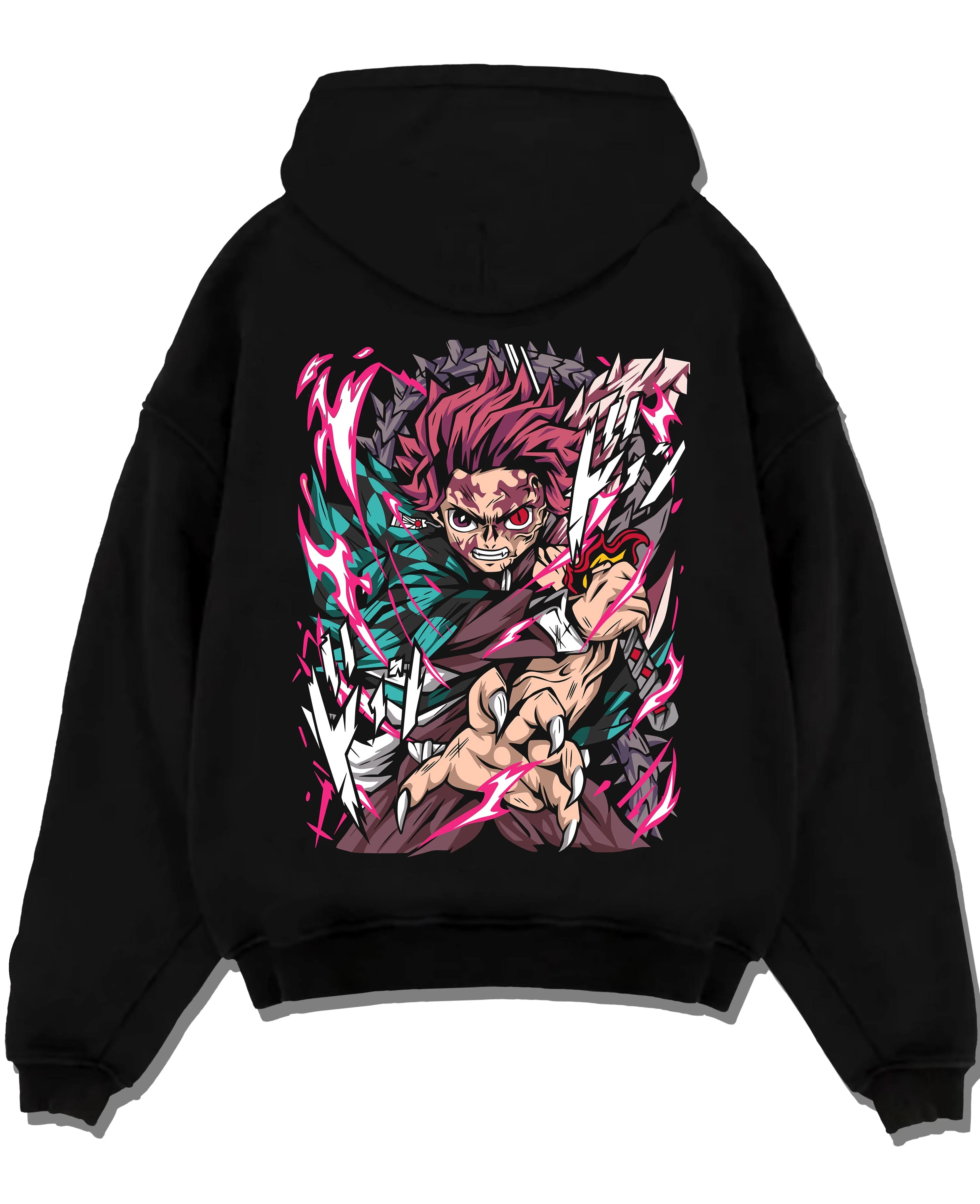 Black pullover hoodie laid flat with Tanjiro Hoodie Demon Slayer Hero Water Breathing graphic premium wear.