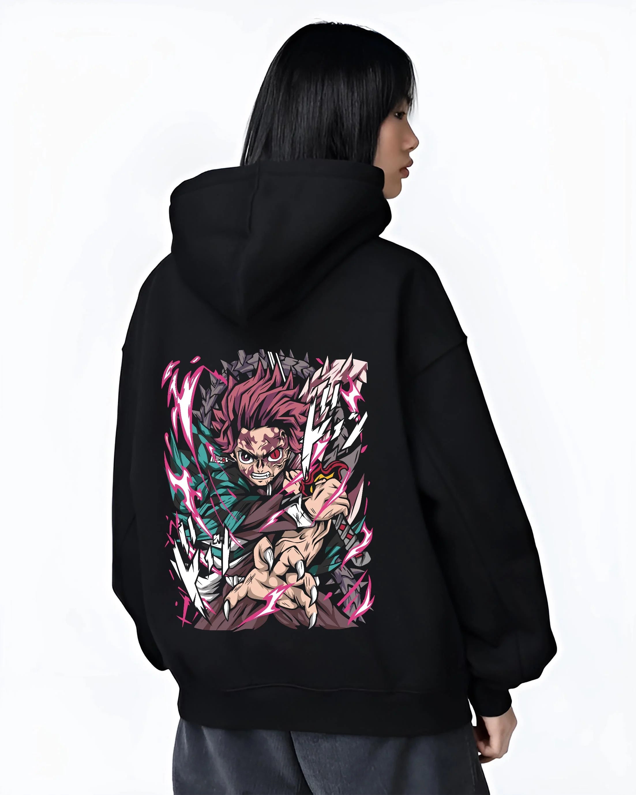 Black hoodie worn by female model, back view with Tanjiro Hoodie Demon Slayer Hero Water Breathing graphic streetwear graphic.