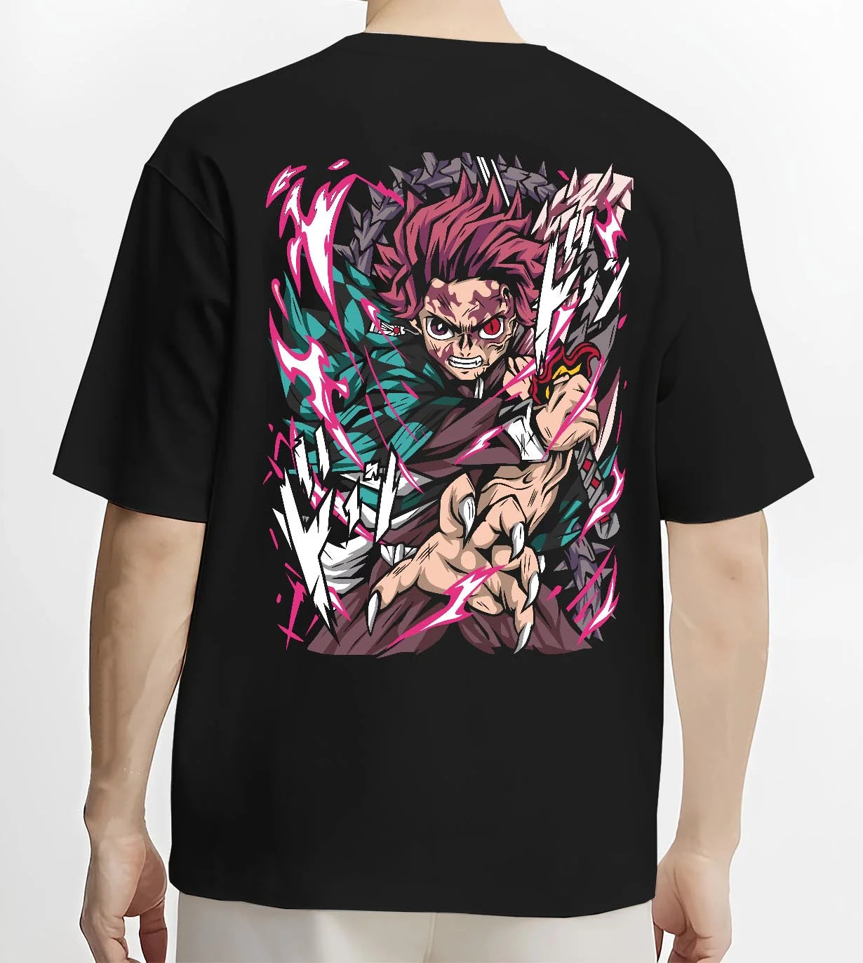 Black T-shirt worn by male model, back view with Tanjiro Hoodie Demon Slayer Hero Water Breathing graphic streetwear graphic.