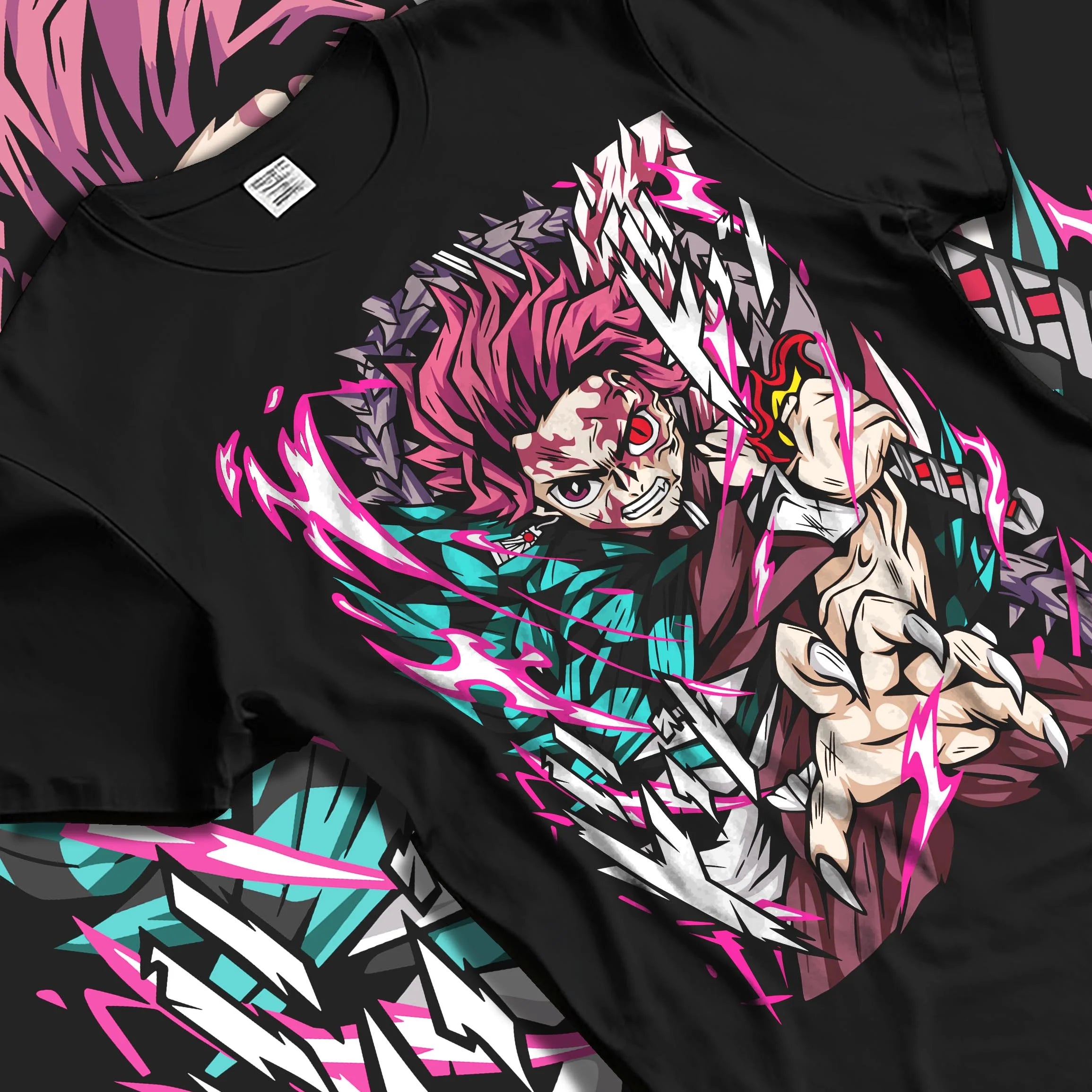 Black T-shirt laid flat with natural folds with Tanjiro Hoodie Demon Slayer Hero Water Breathing graphic bold anime graphic.
