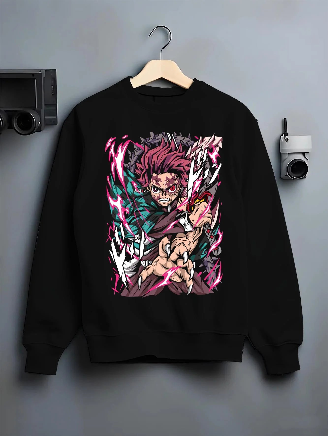 Black crewneck sweatshirt on hanger with Tanjiro Hoodie Demon Slayer Hero Water Breathing graphic streetwear graphic.