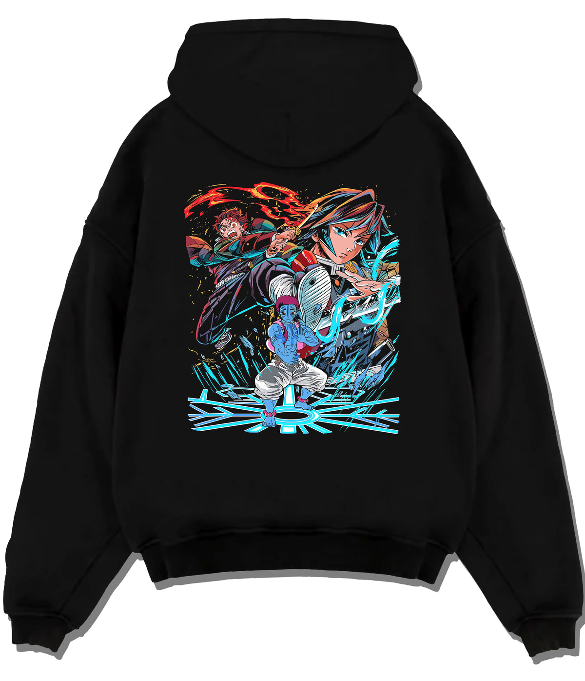 Black hoodie flat back view with Tanjiro / Giyu water-breathing artwork from Demon Slayer illustrated back graphic