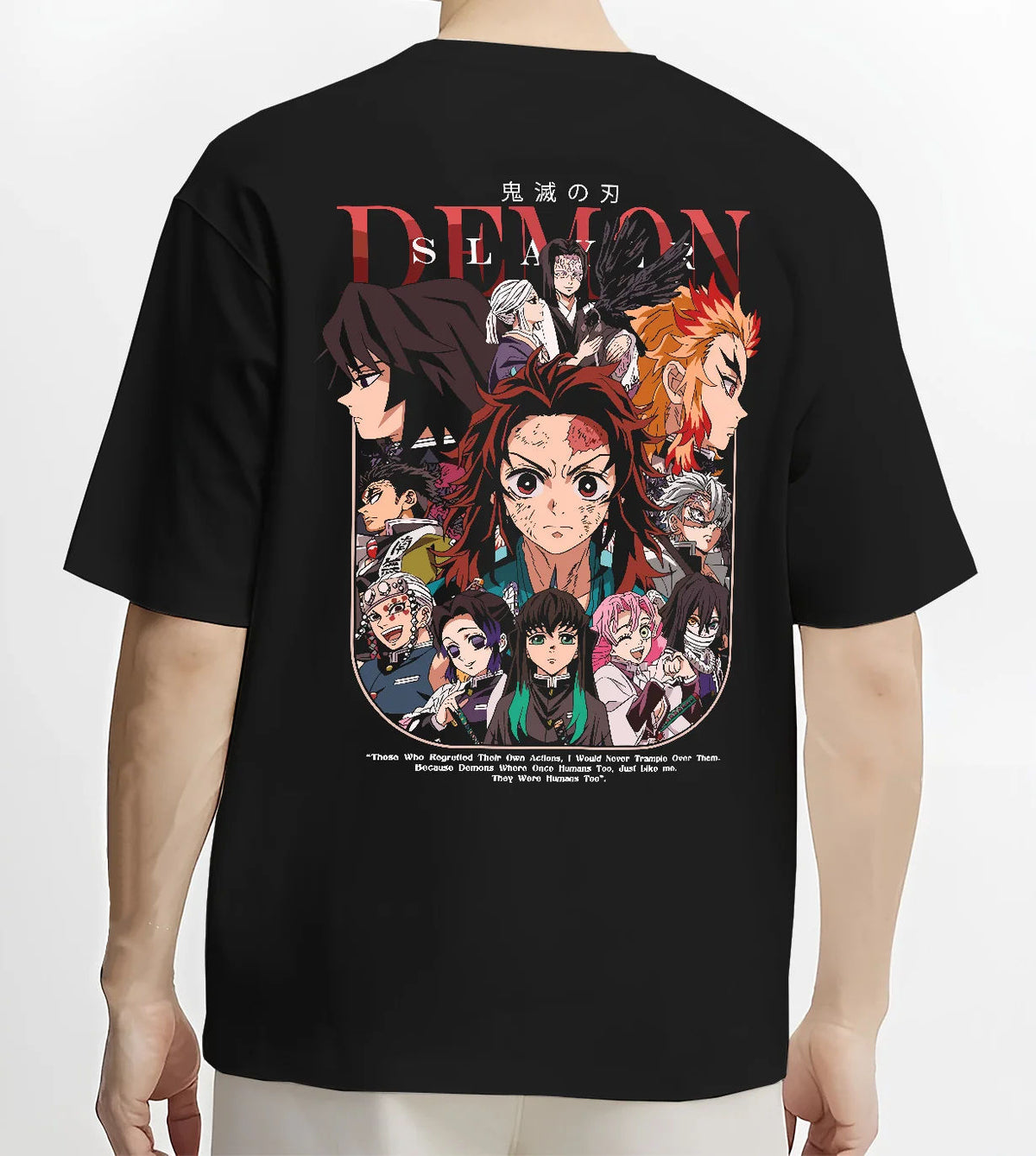 Black T-shirt model back view with Demon Slayer character collage / poster illustrated back graphic