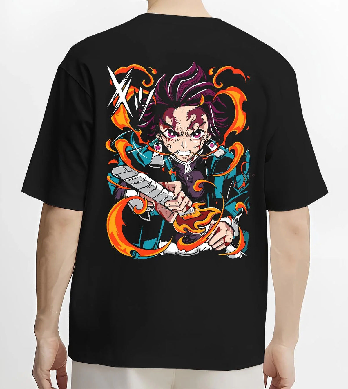 Black T-shirt worn by male model from the back featuring Tanjiro Kamado Hinokami Kagura flame sword Demon Slayer artwork.