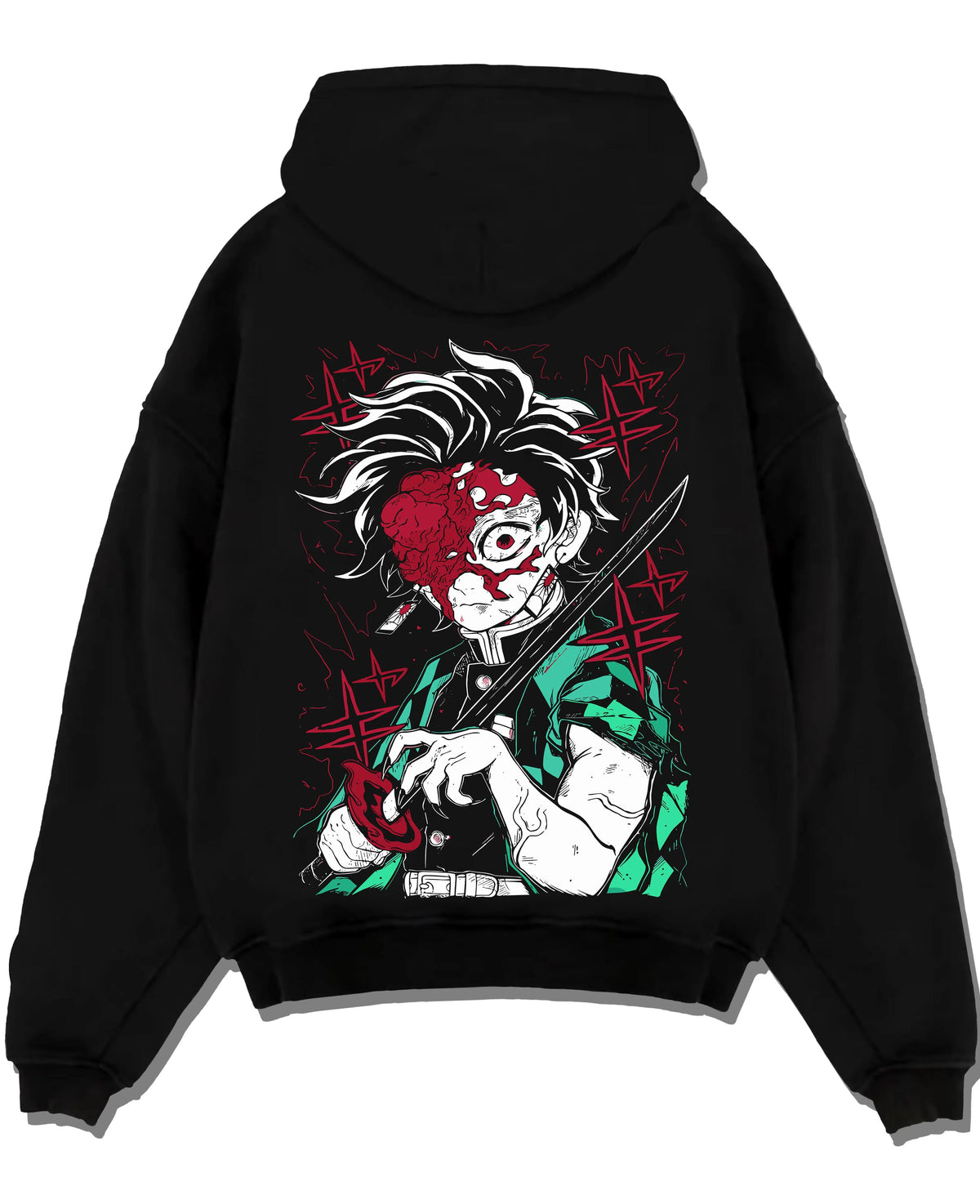 Black hoodie laid flat featuring Tanjiro Kamado Sun Breathing battle scar Demon Slayer artwork.