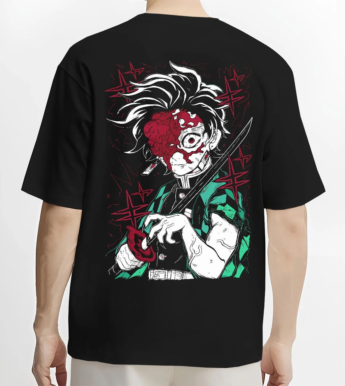 Black T-shirt worn by male model from the back featuring Tanjiro Kamado Sun Breathing battle scar Demon Slayer artwork.