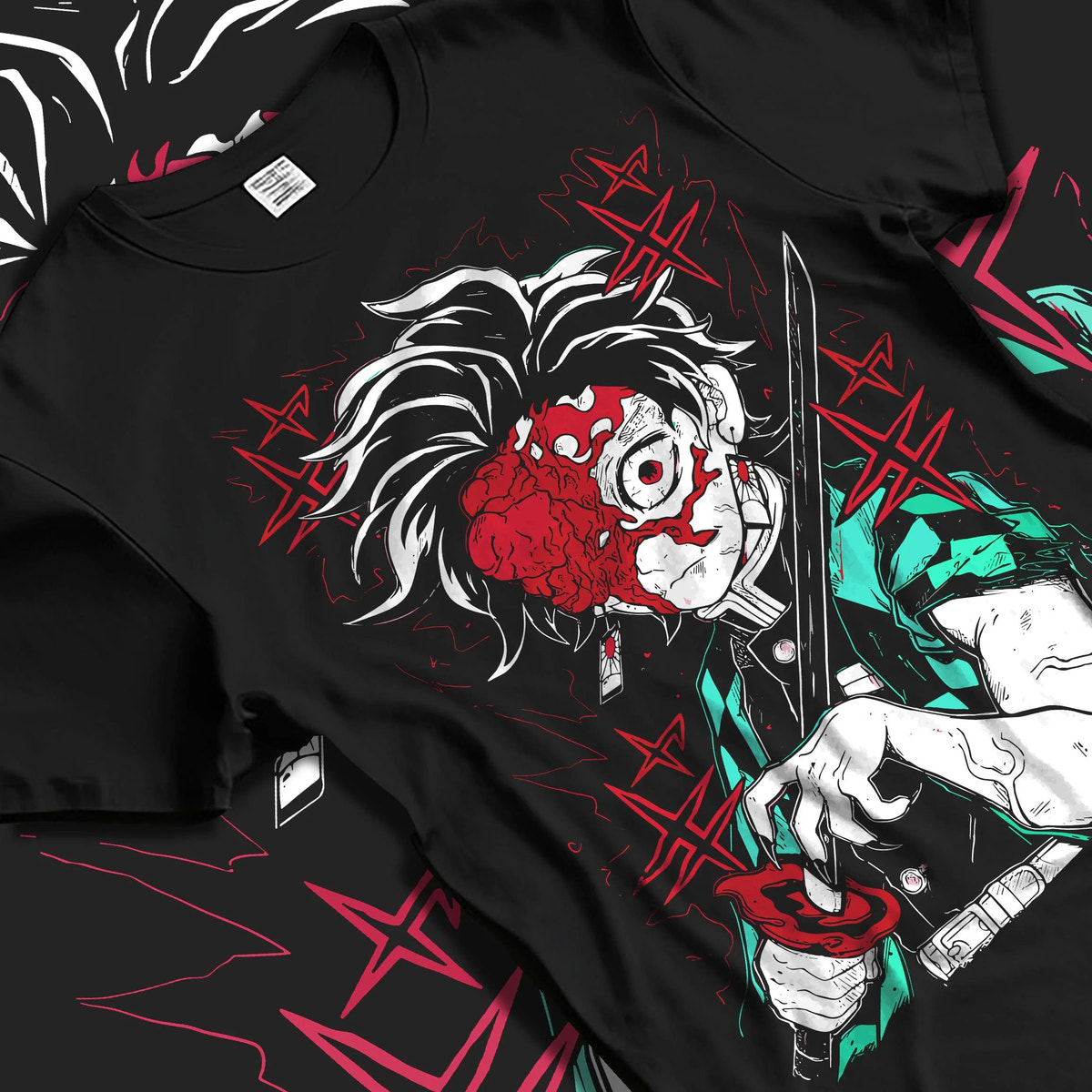 Black T-shirt laid flat with natural folds featuring Tanjiro Kamado Sun Breathing battle scar Demon Slayer artwork.