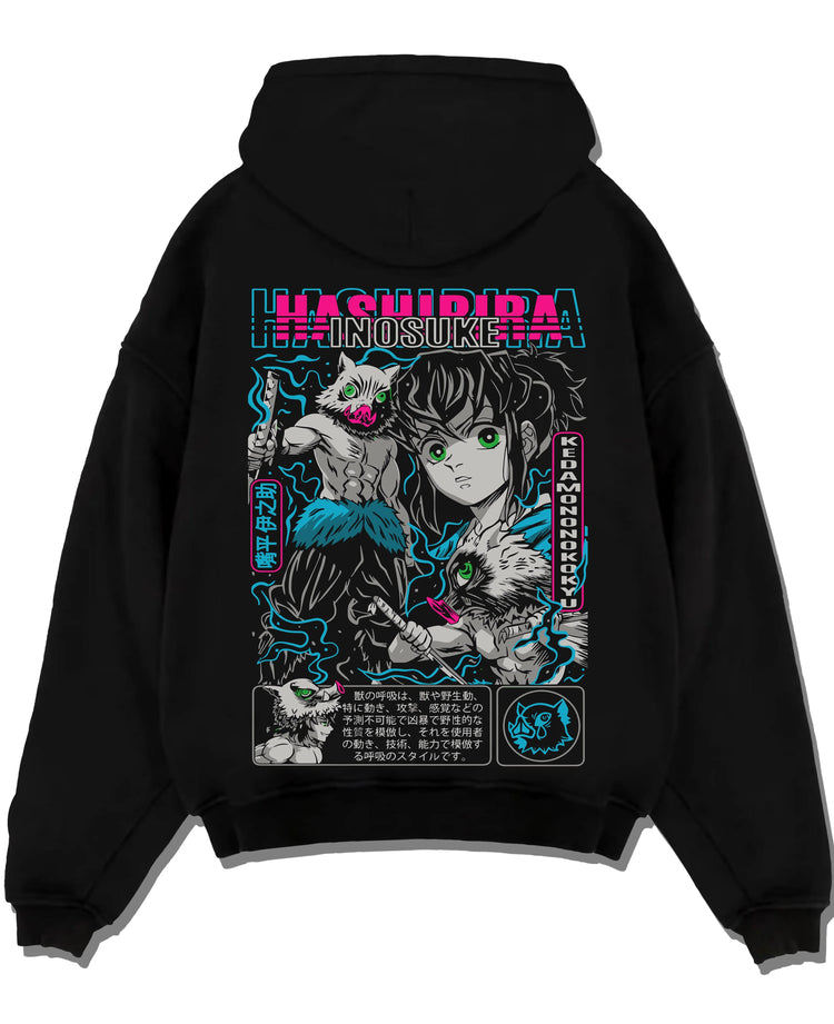Black pullover hoodie laid flat with Inosuke Hoodie Demon Slayer Beast Breathing Fighter graphic bold anime graphic.