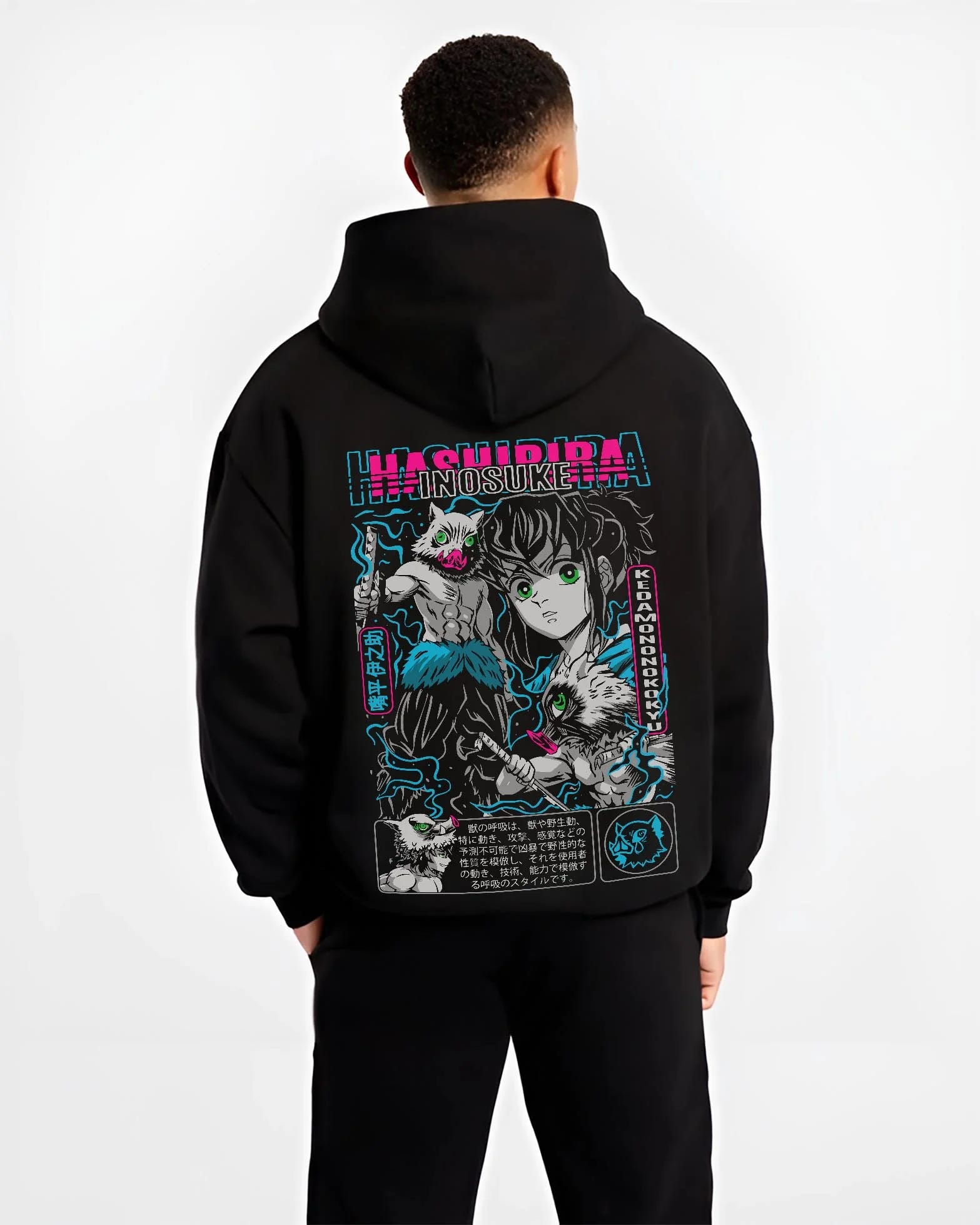Black hoodie worn by male model, back view with Inosuke Hoodie Demon Slayer Beast Breathing Fighter graphic streetwear graphic.