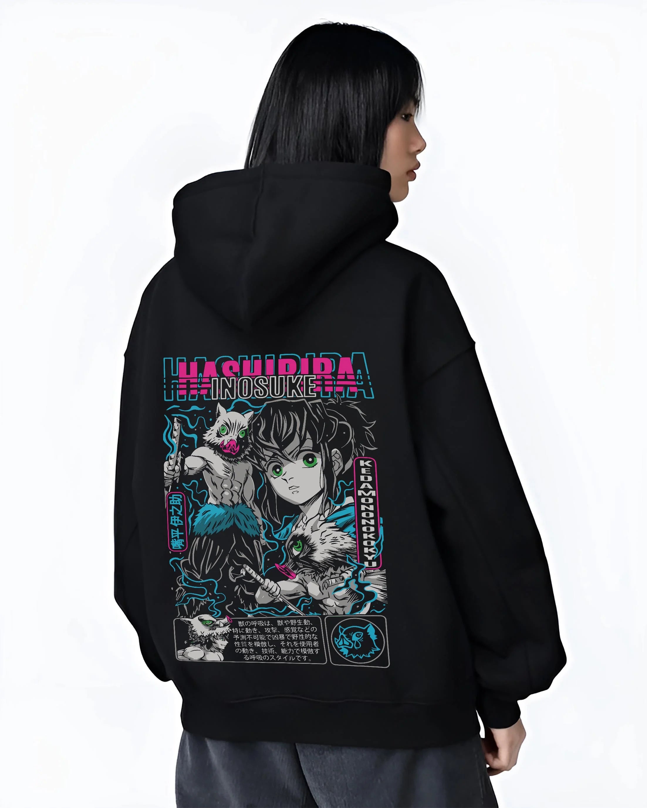 Black hoodie worn by female model, back view with Inosuke Hoodie Demon Slayer Beast Breathing Fighter graphic streetwear graphic.