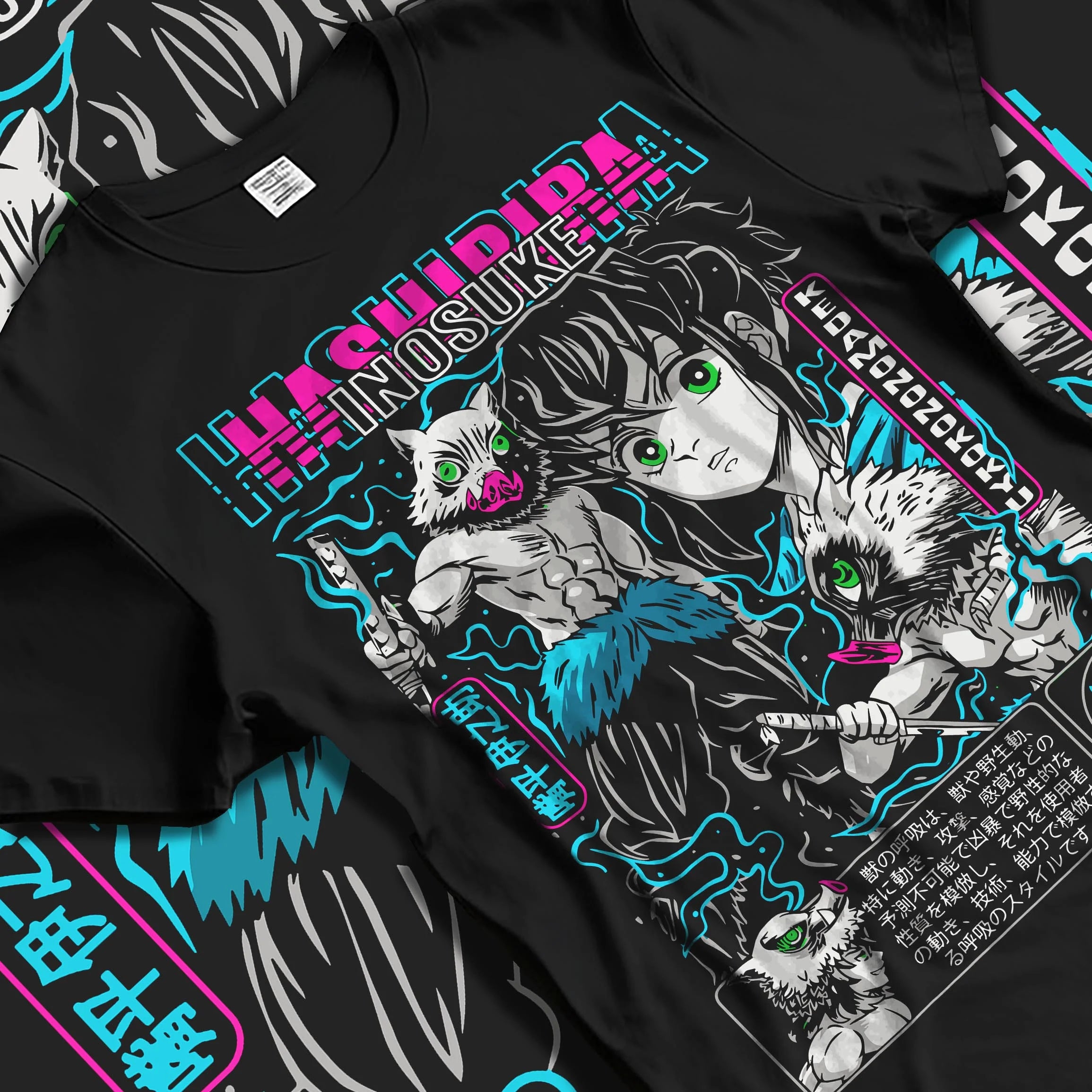 Black T-shirt laid flat with natural folds with Inosuke Hoodie Demon Slayer Beast Breathing Fighter graphic streetwear graphic.