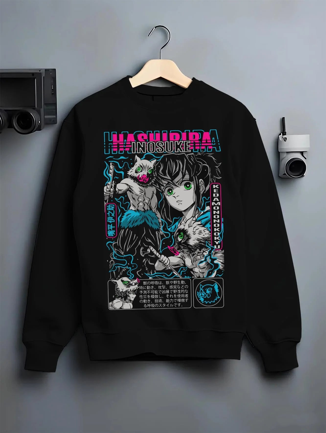 Black crewneck sweatshirt on hanger with Inosuke Hoodie Demon Slayer Beast Breathing Fighter graphic premium wear.