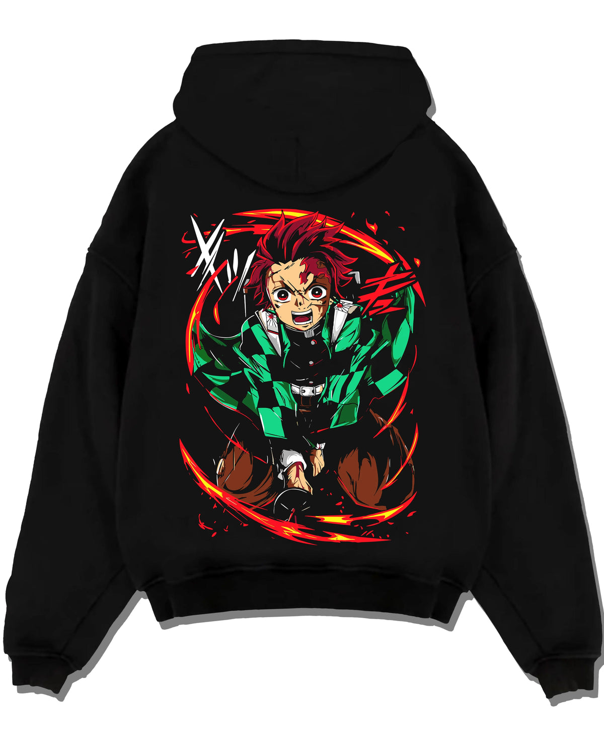 Black hoodie laid flat featuring Tanjiro Kamado Water Wheel breathing Demon Slayer artwork.