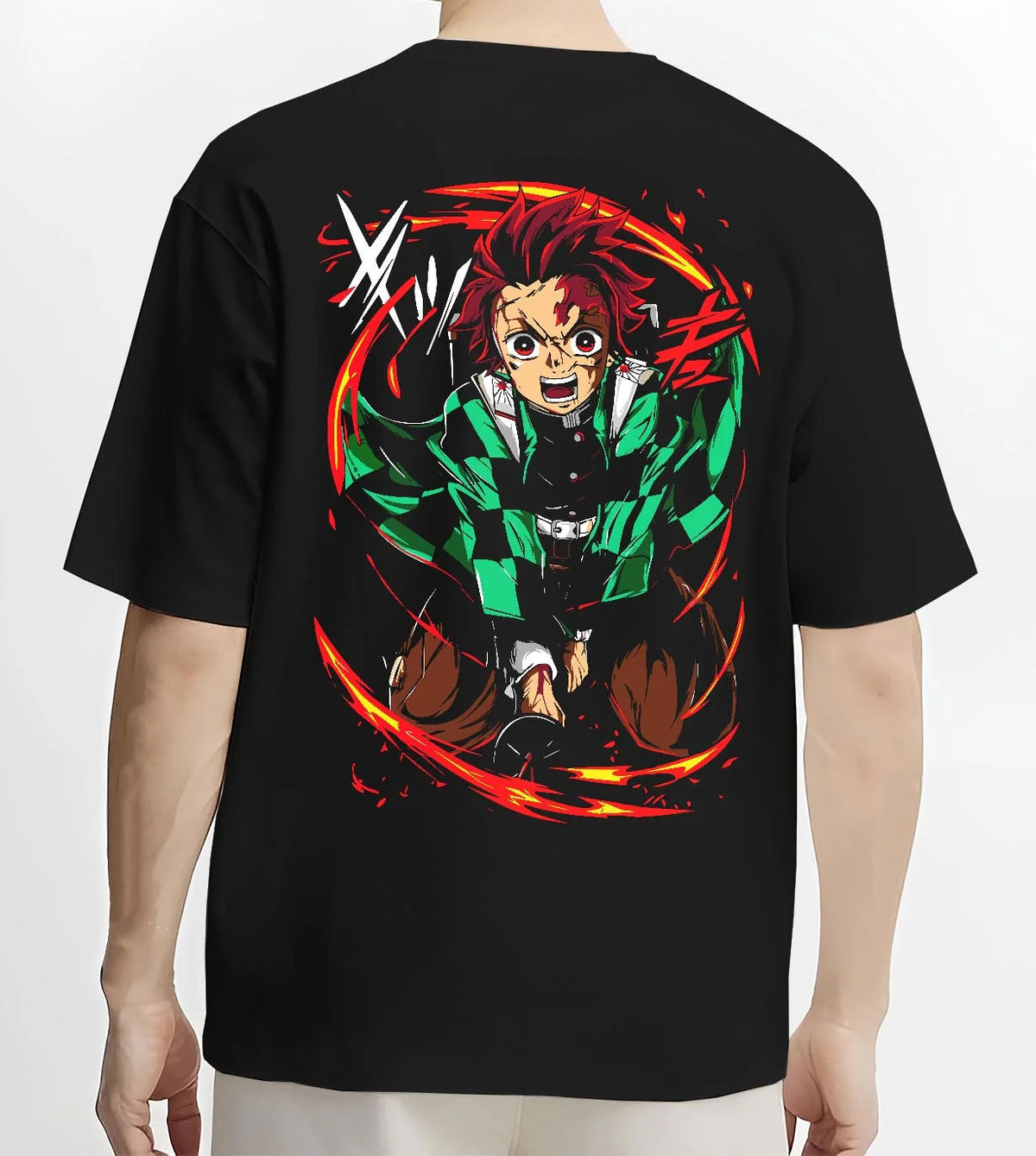 Black T-shirt worn by male model from the back featuring Tanjiro Kamado Water Wheel breathing Demon Slayer artwork.