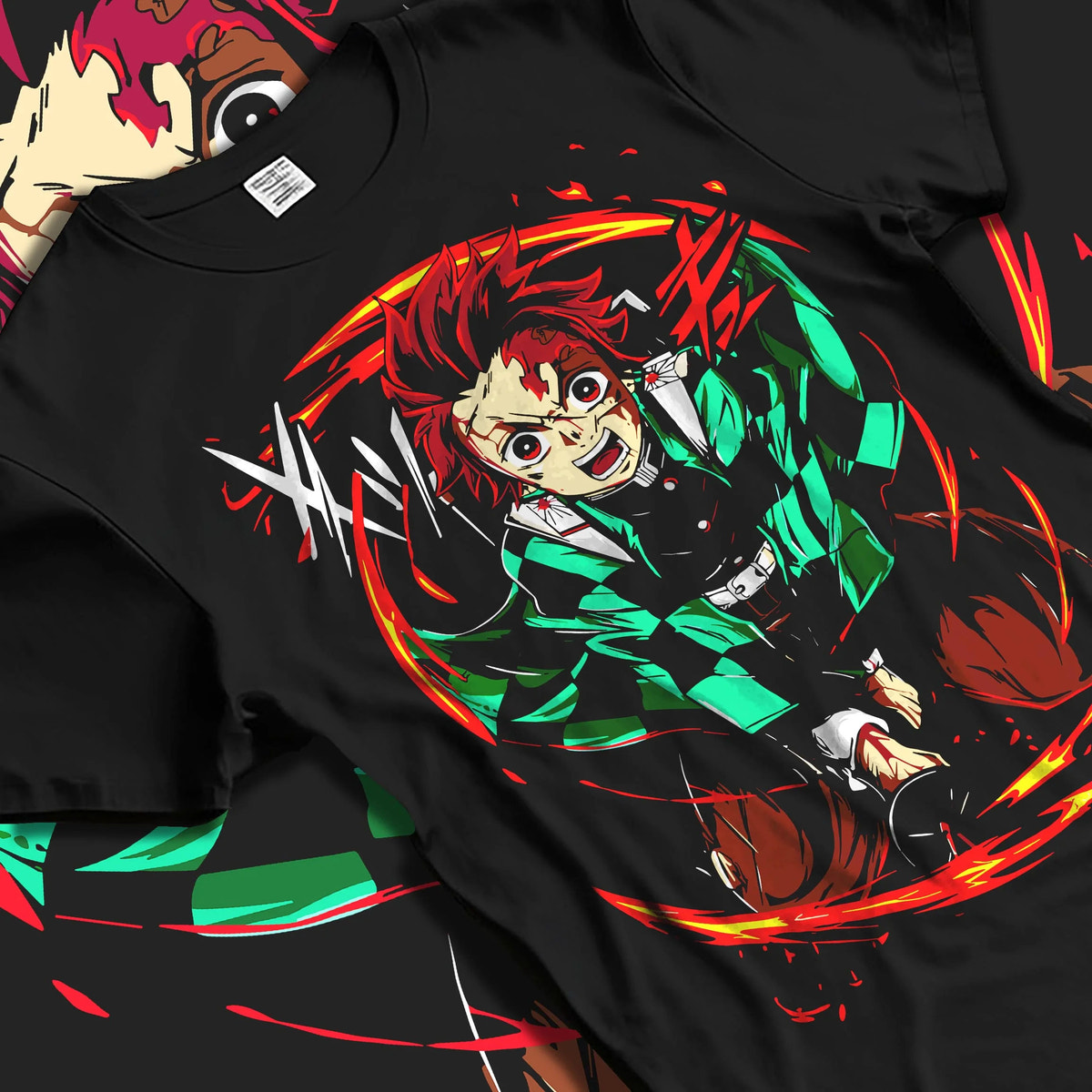 Black T-shirt laid flat with natural folds featuring Tanjiro Kamado Water Wheel breathing Demon Slayer artwork.