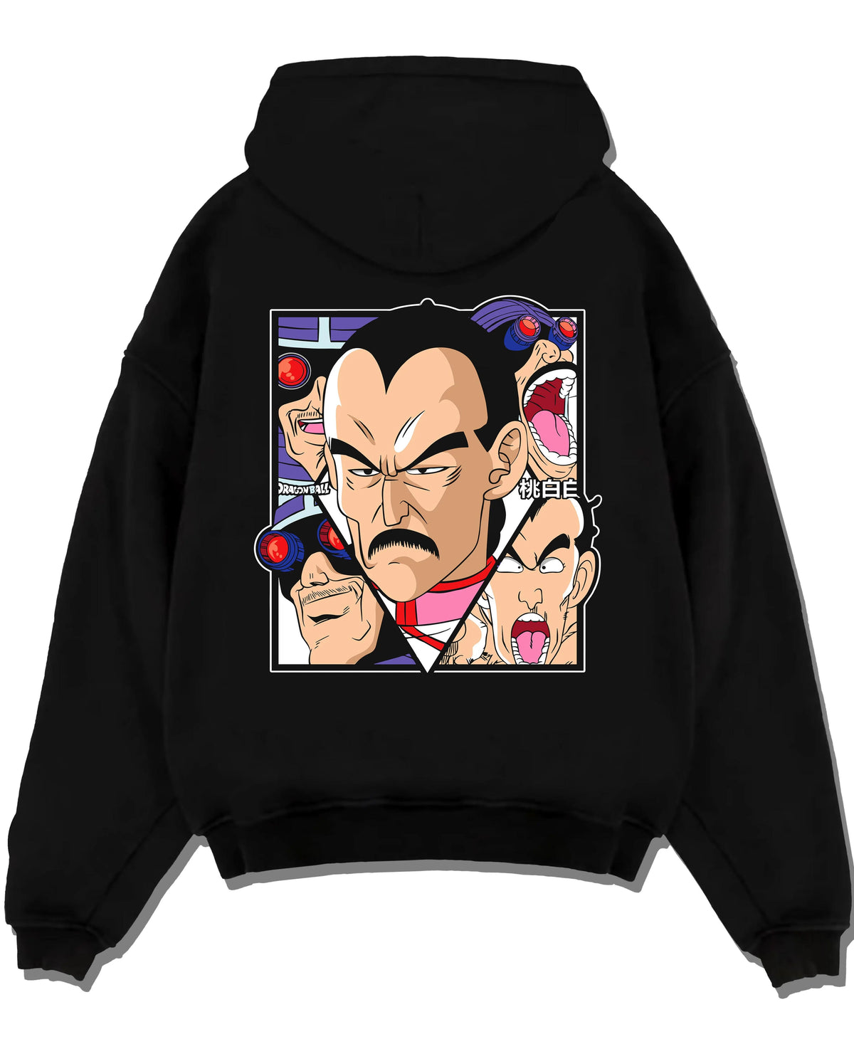 Black hoodie laid flat featuring Mercenary Tao assassin cyborg Dragon Ball artwork.