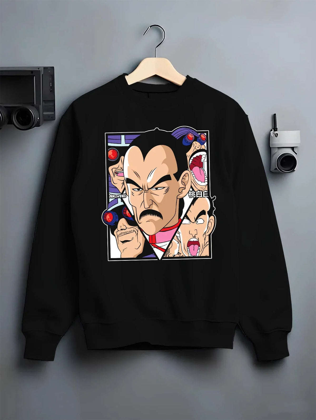 Black crewneck sweatshirt on hanger featuring Mercenary Tao assassin cyborg Dragon Ball artwork.